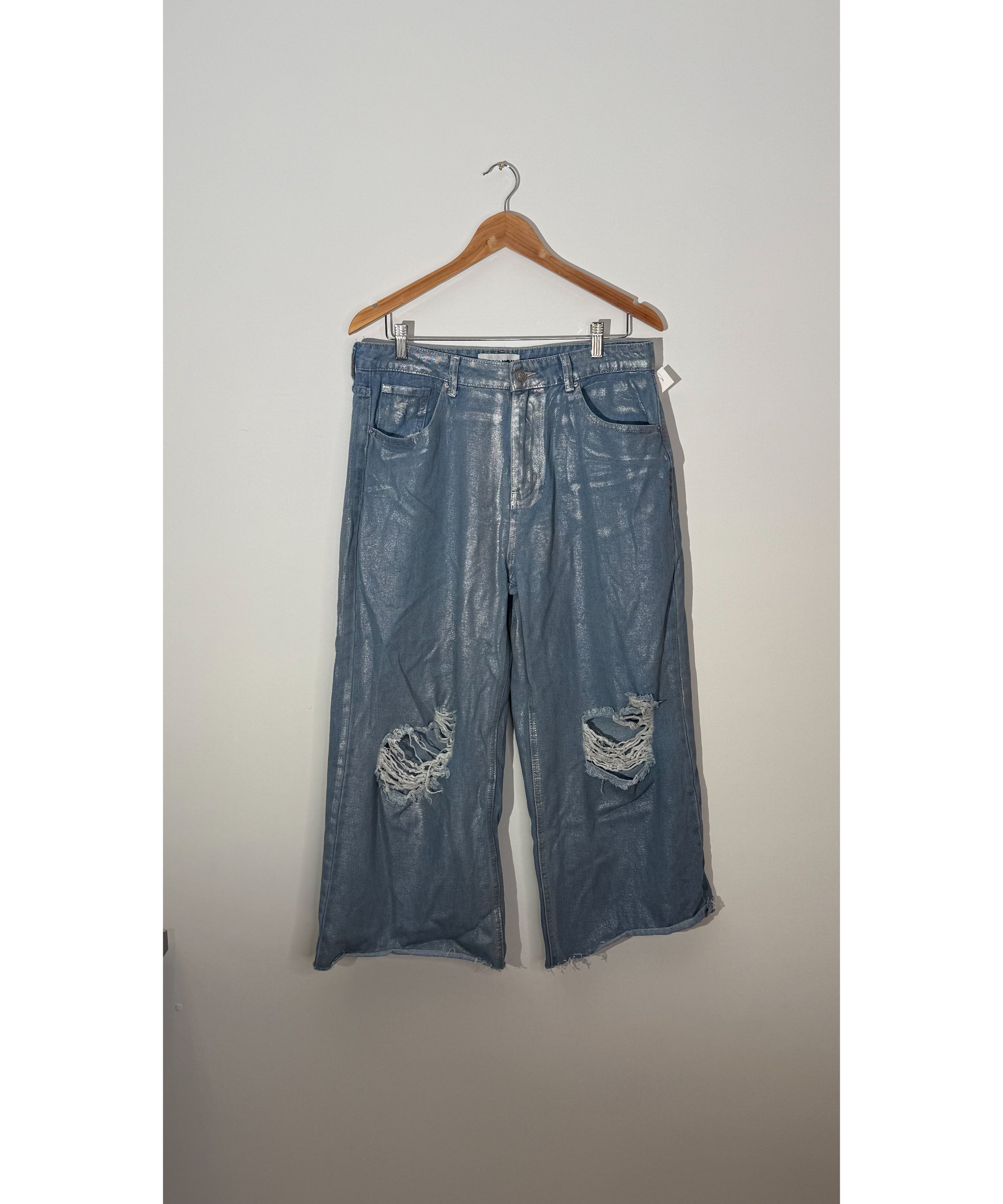 Fashion Nova Blue Metallic Distressed Wide Leg Jeans, Full Length, Size 13