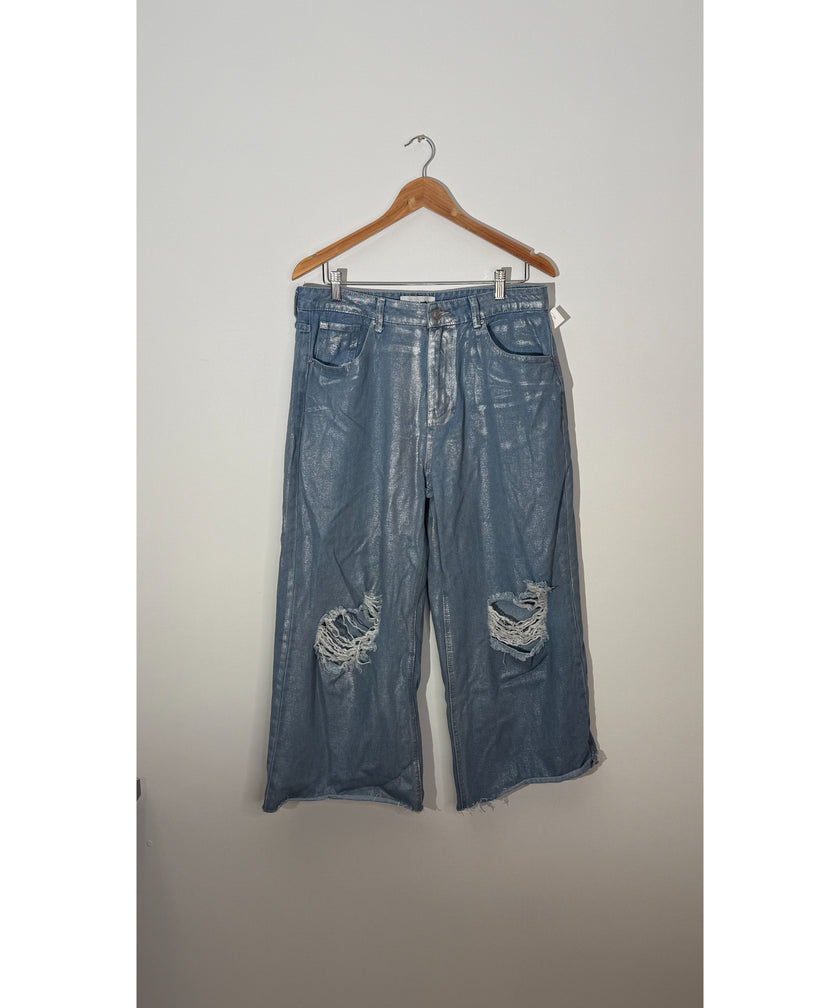 Fashion Nova Blue Metallic Distressed Wide Leg Jeans, Full Length, Size 13