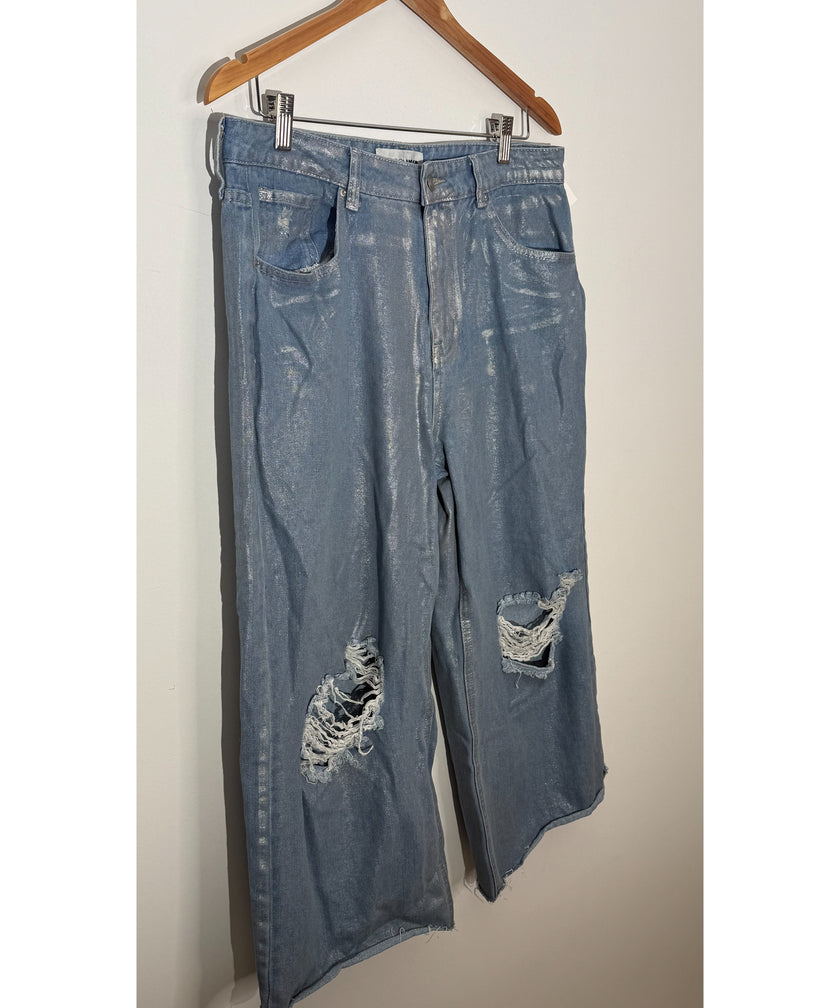 Fashion Nova Blue Metallic Distressed Wide Leg Jeans, Full Length, Size 13