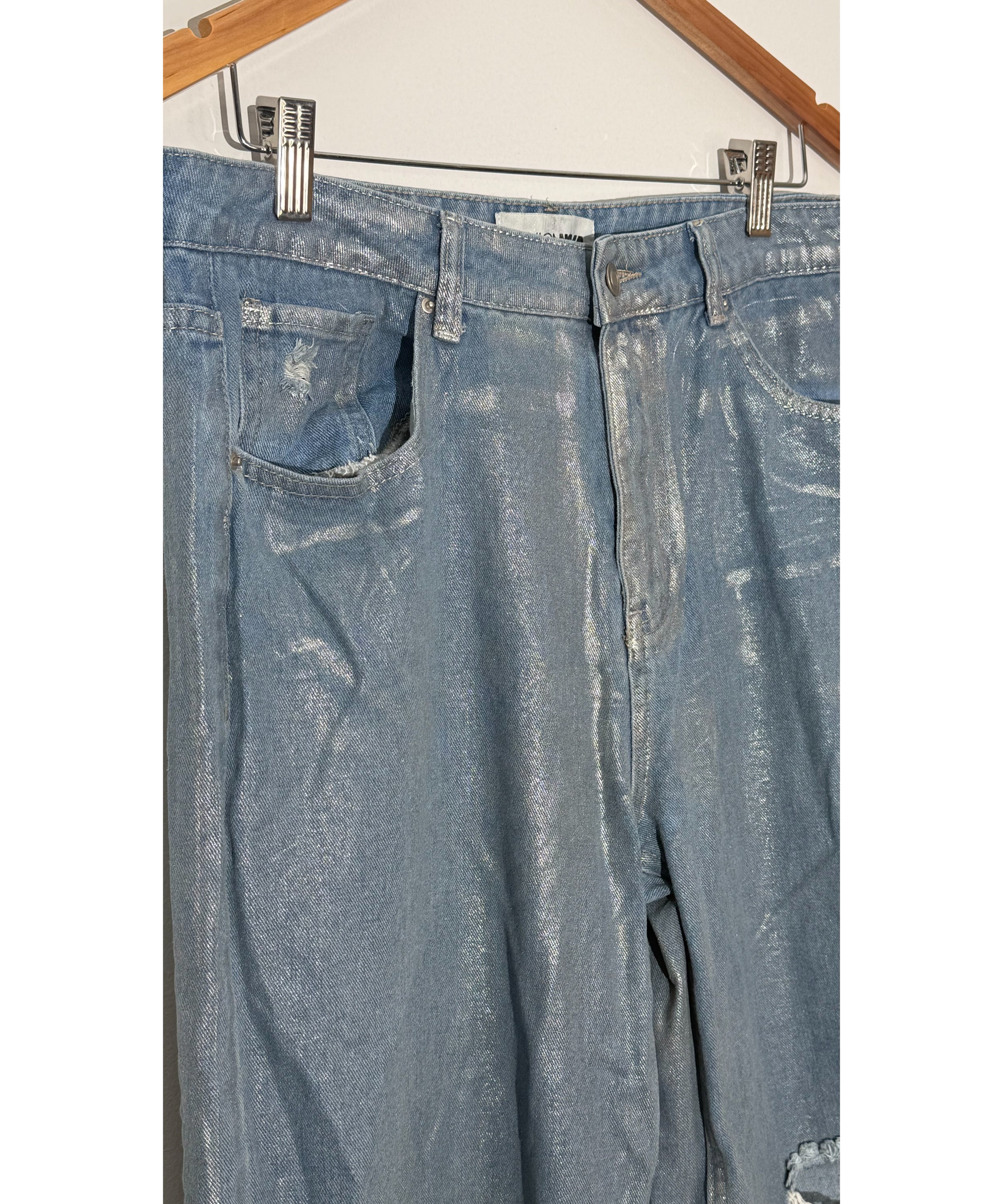 Fashion Nova Blue Metallic Distressed Wide Leg Jeans, Full Length, Size 13