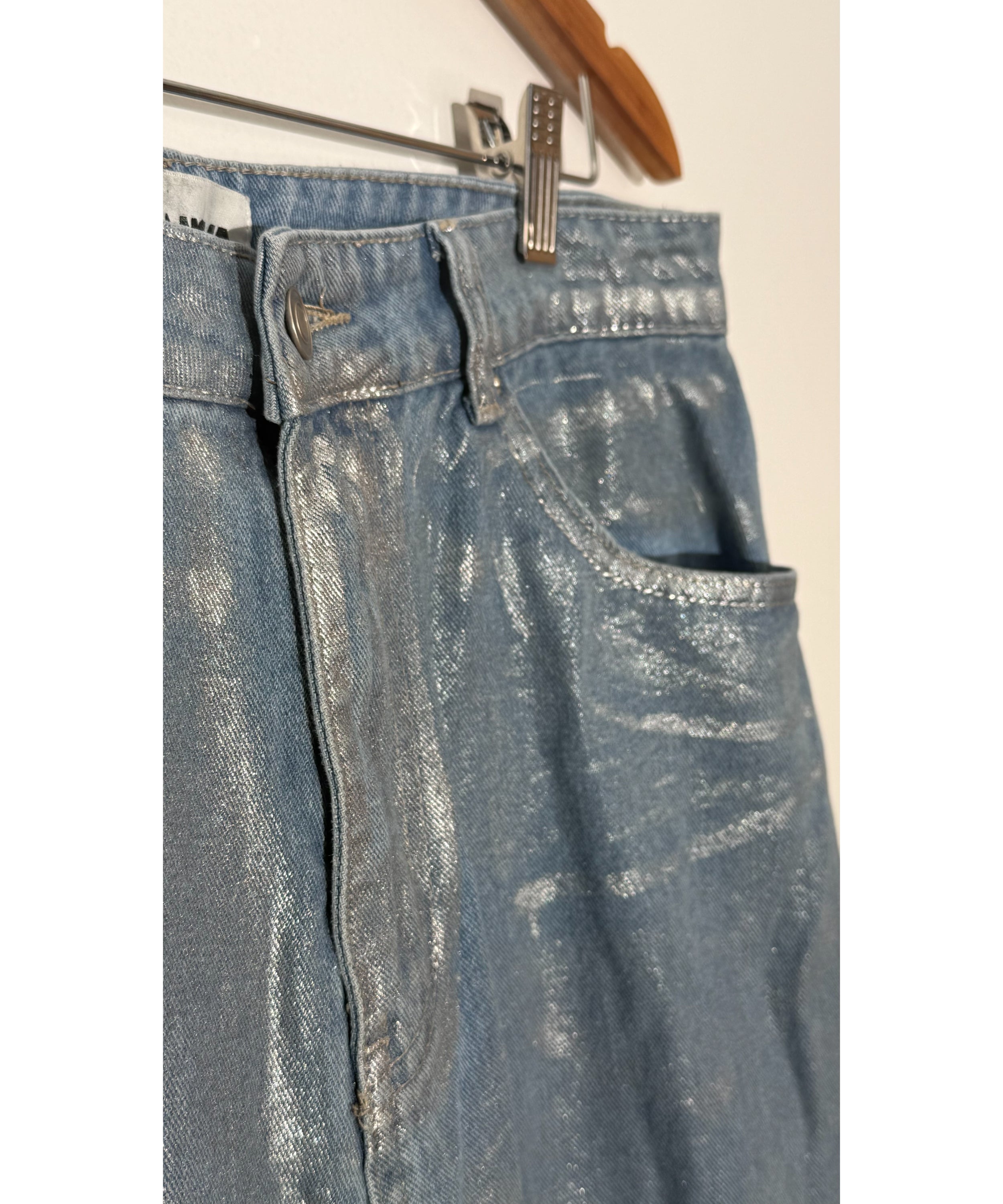 Fashion Nova Blue Metallic Distressed Wide Leg Jeans, Full Length, Size 13