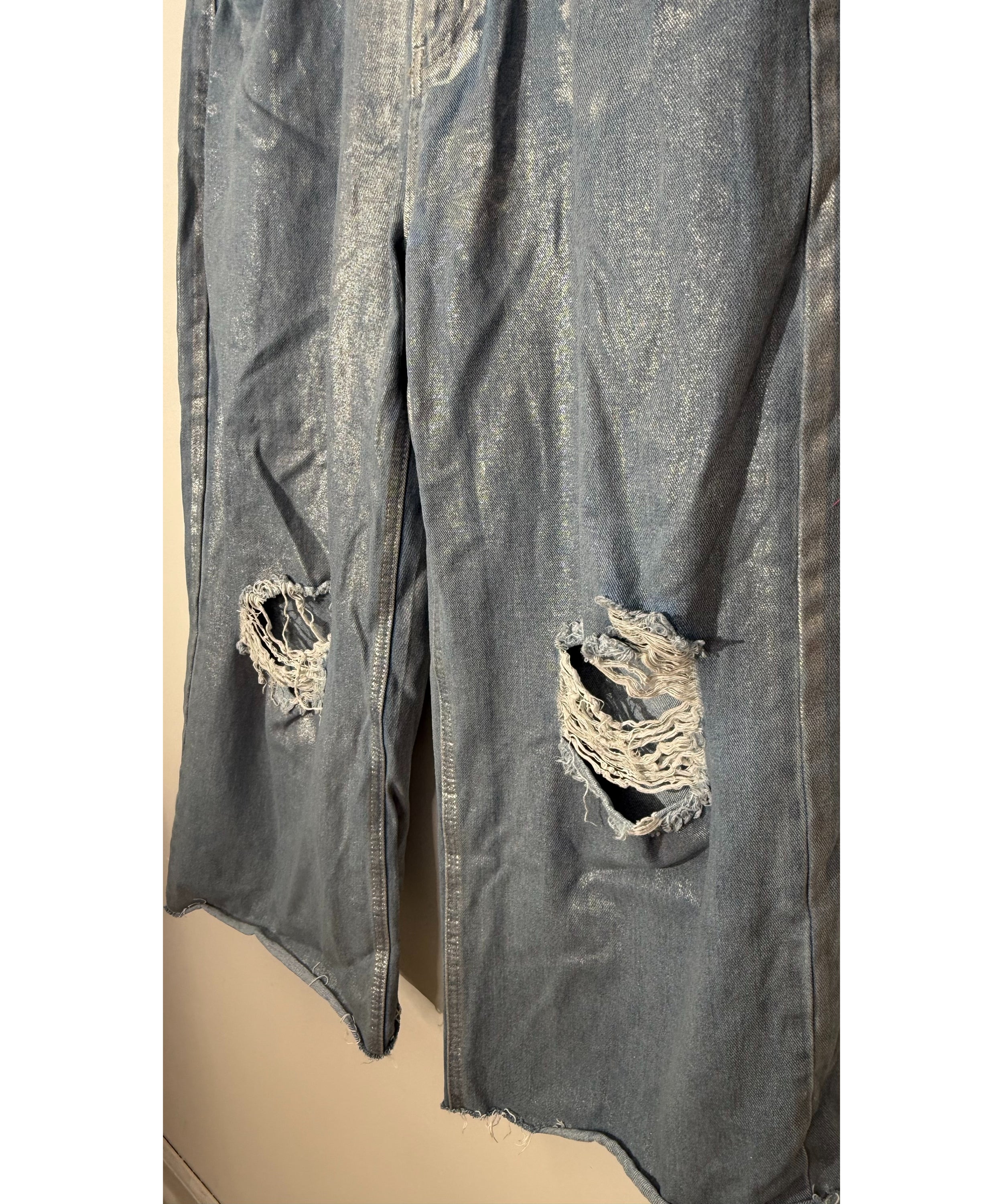 Fashion Nova Blue Metallic Distressed Wide Leg Jeans, Full Length, Size 13