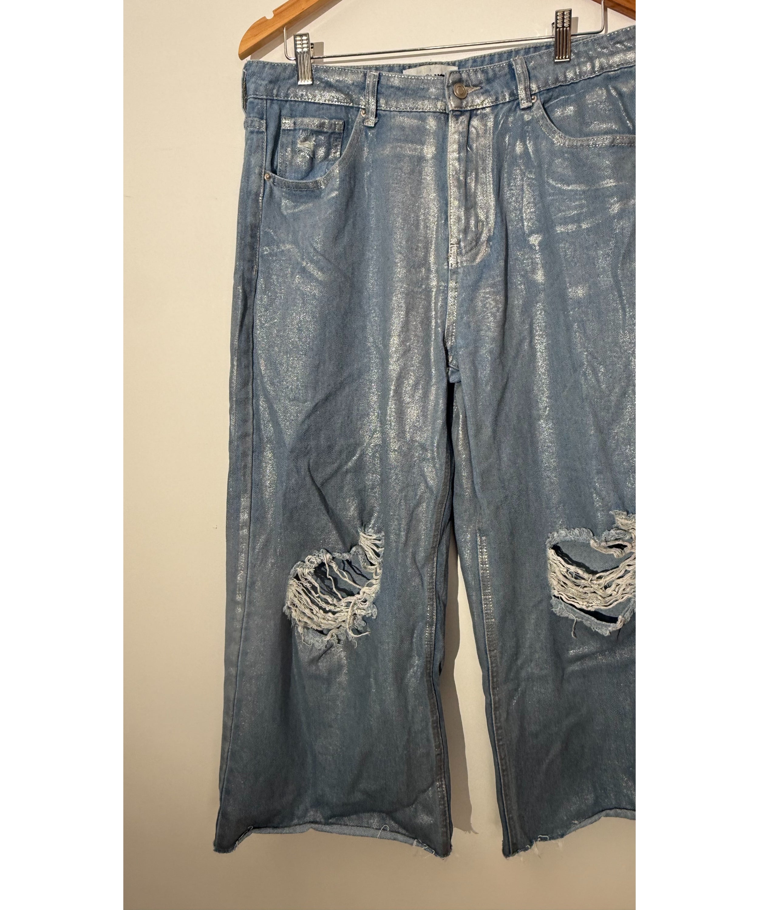 Fashion Nova Blue Metallic Distressed Wide Leg Jeans, Full Length, Size 13