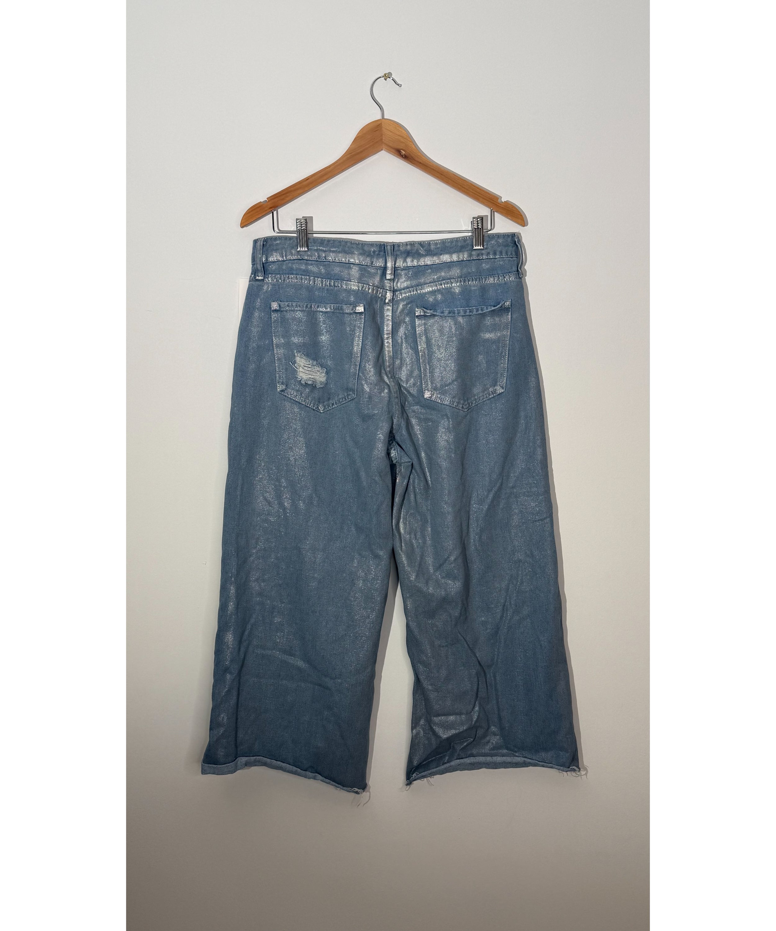 Fashion Nova Blue Metallic Distressed Wide Leg Jeans, Full Length, Size 13