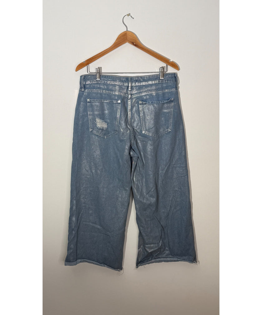 Fashion Nova Blue Metallic Distressed Wide Leg Jeans, Full Length, Size 13