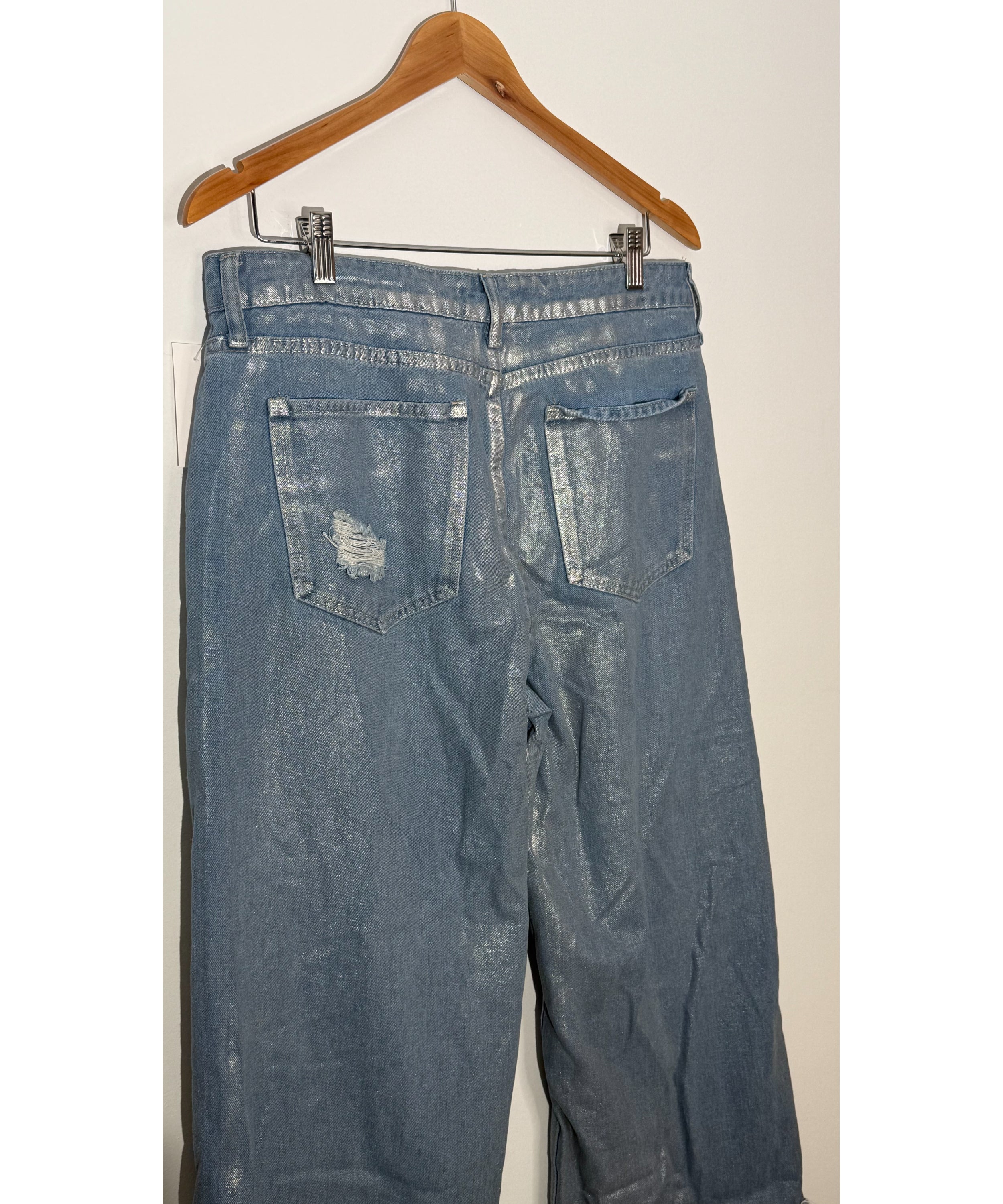 Fashion Nova Blue Metallic Distressed Wide Leg Jeans, Full Length, Size 13