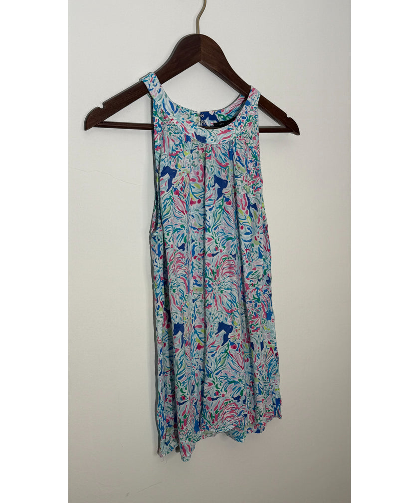 Anne Carson Multi-Color Abstract Print High Neck Sleeveless Blouse, Size L