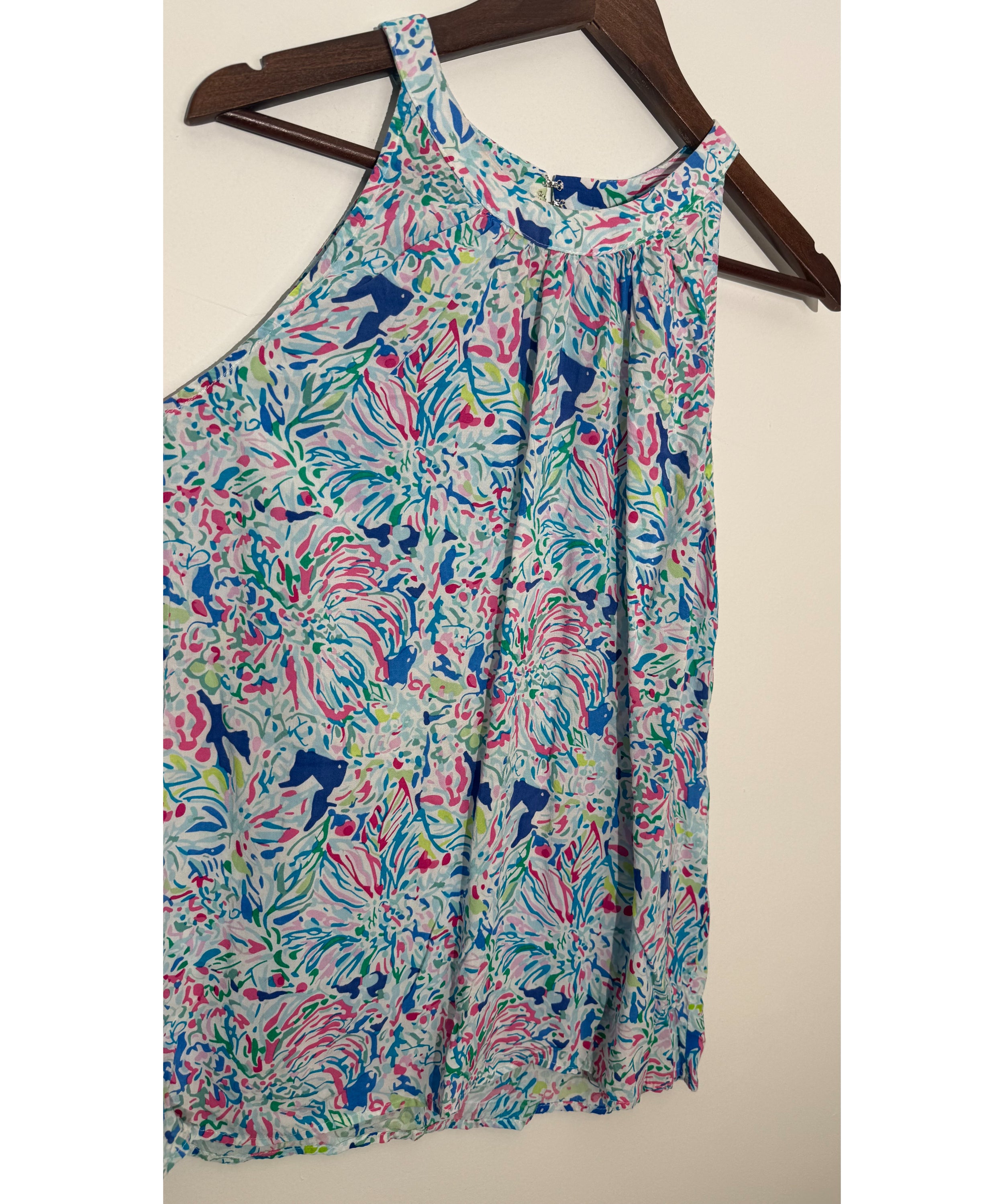 Anne Carson Multi-Color Abstract Print High Neck Sleeveless Blouse, Size L