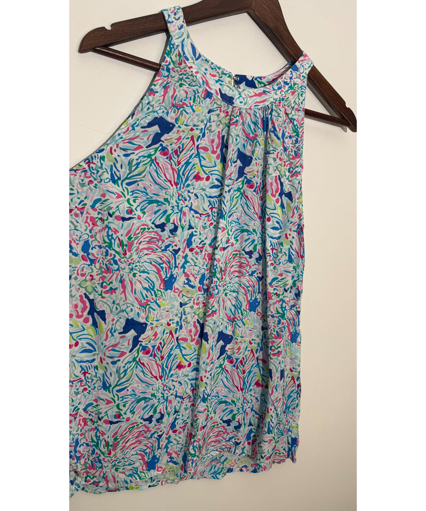 Anne Carson Multi-Color Abstract Print High Neck Sleeveless Blouse, Size L