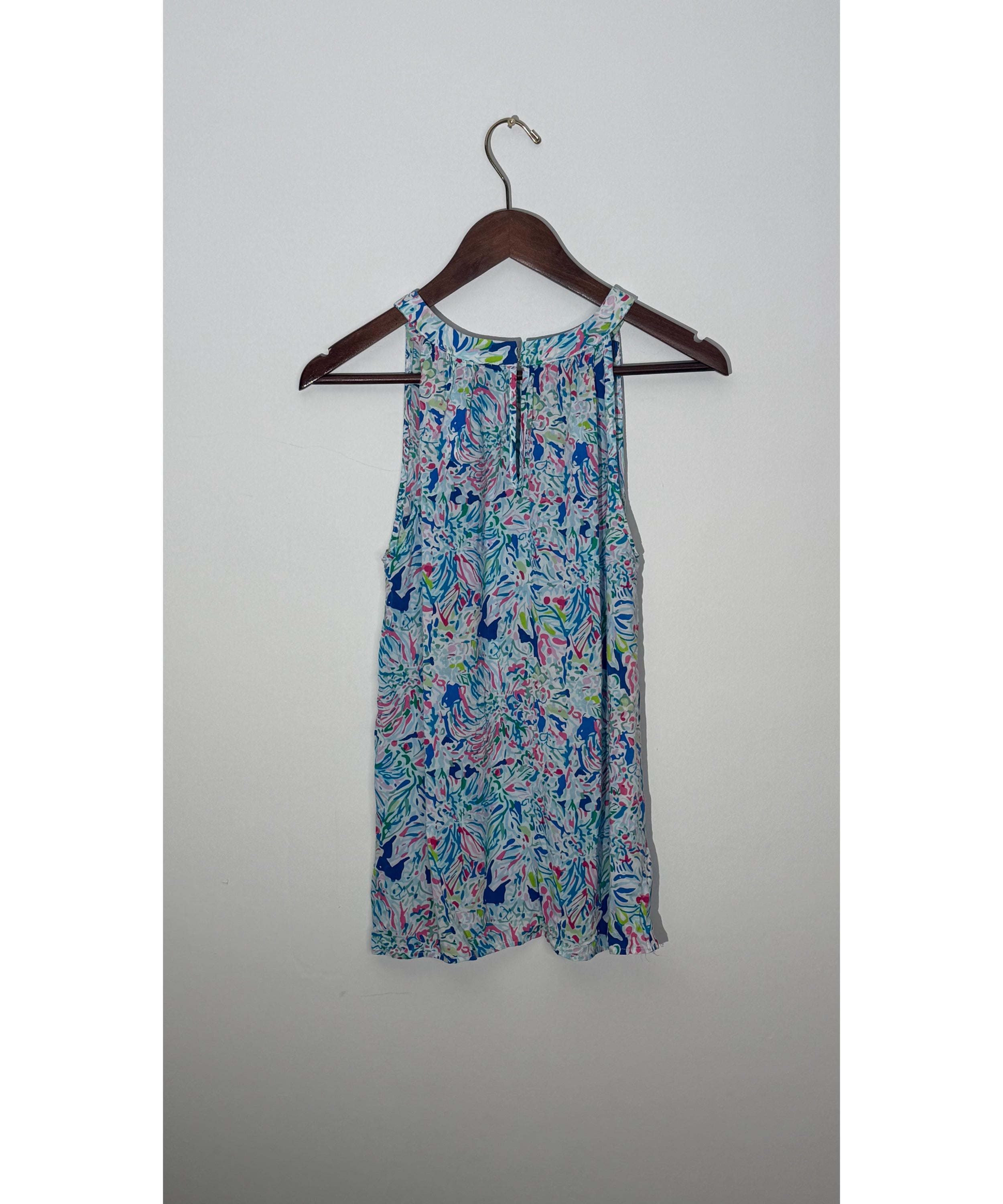 Anne Carson Multi-Color Abstract Print High Neck Sleeveless Blouse, Size L