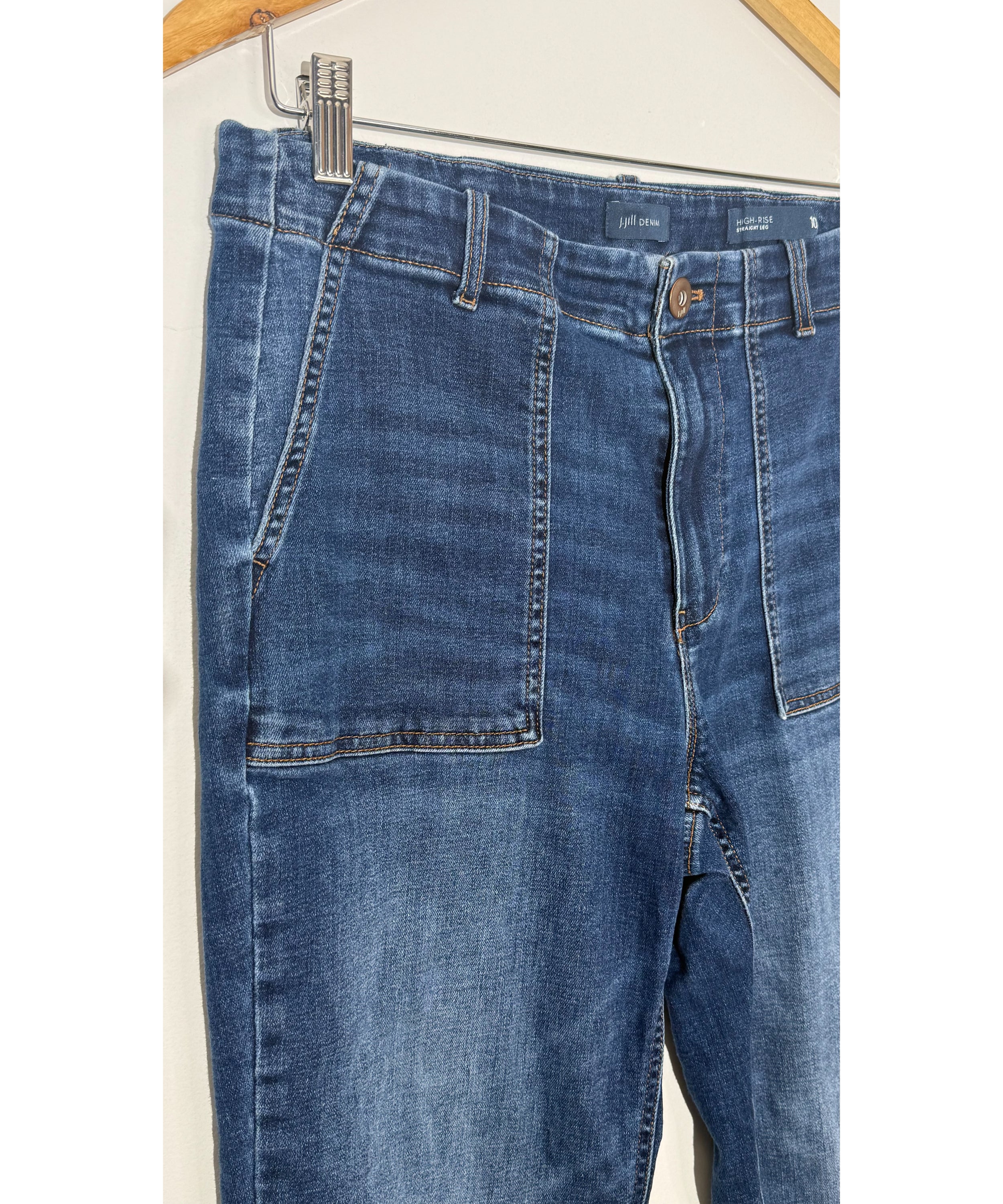J. Jill Dark Wash Denim High-Rise Straight Leg Patch Pocket Jeans, Size 10