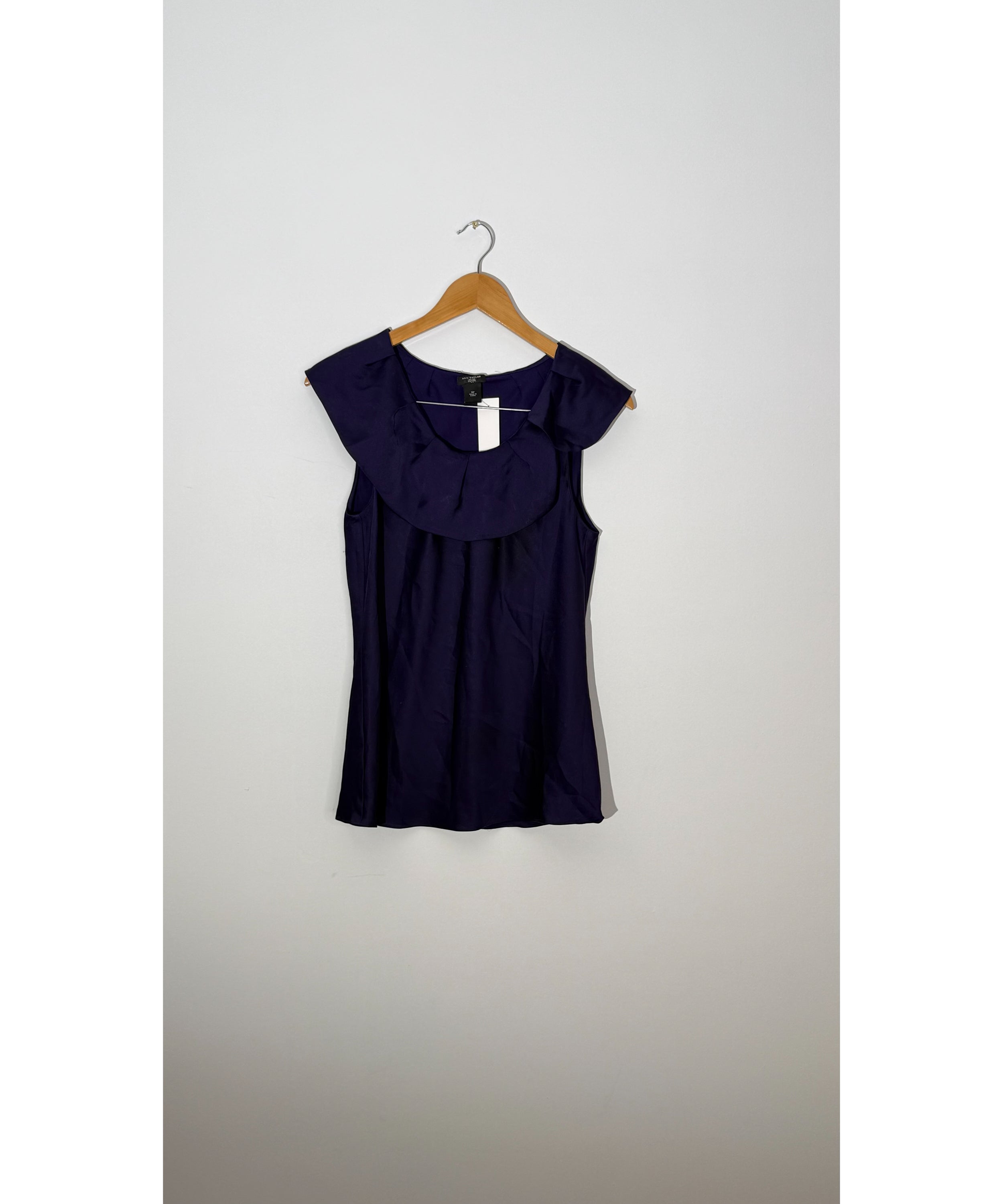 Ann Taylor Deep Purple Silk-Look Ruffled Portrait Neckline Sleeveless Blouse Petite, Size 10P