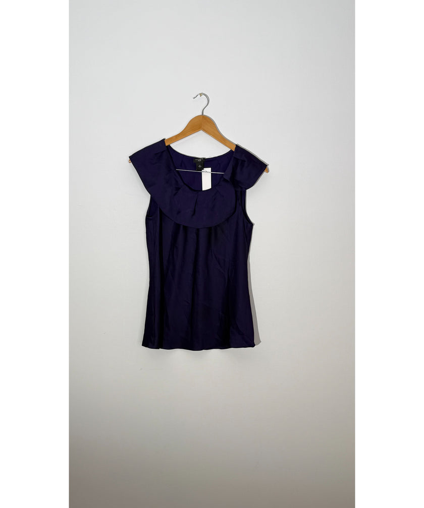 Ann Taylor Deep Purple Silk-Look Ruffled Portrait Neckline Sleeveless Blouse Petite, Size 10P