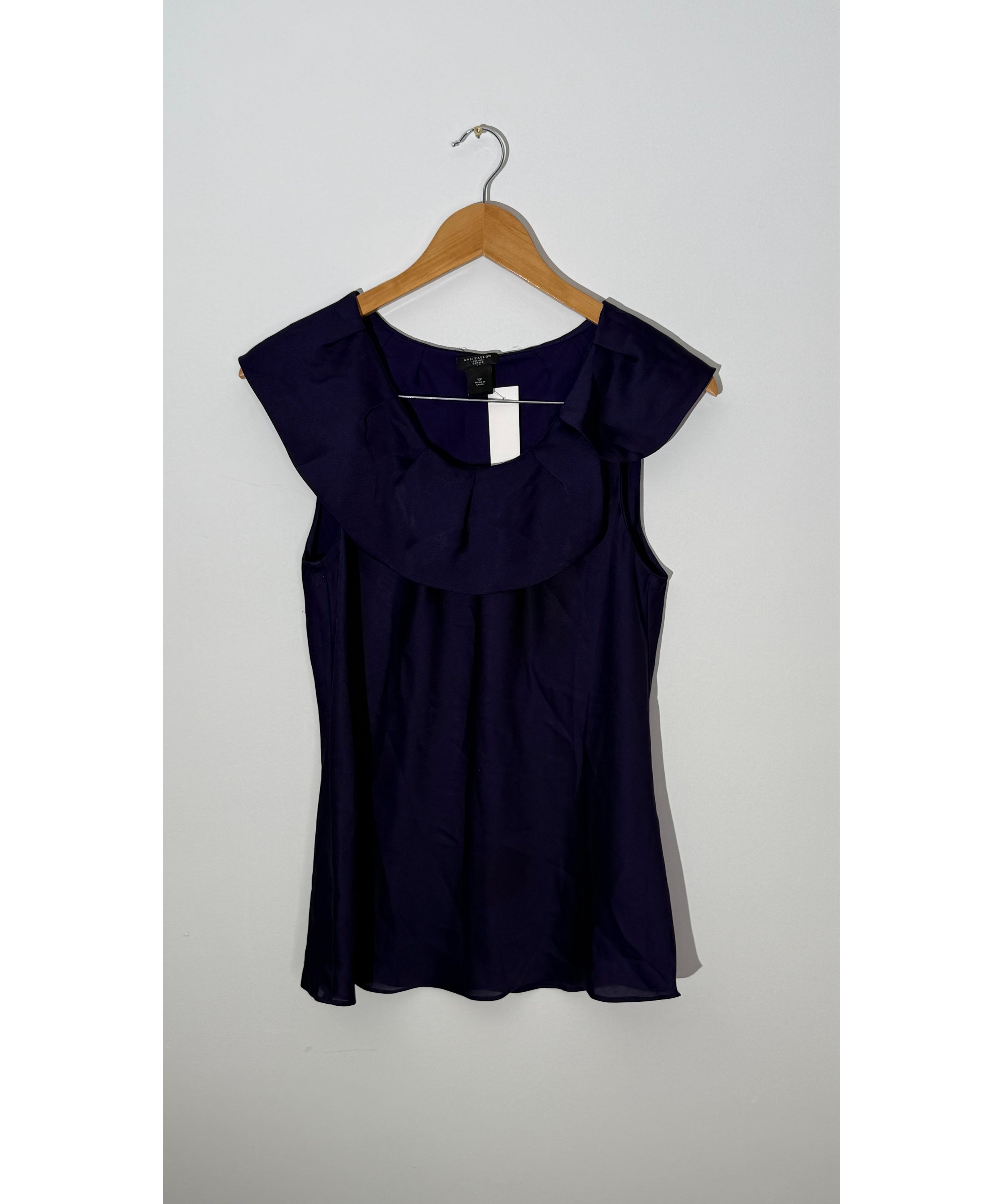 Ann Taylor Deep Purple Silk-Look Ruffled Portrait Neckline Sleeveless Blouse Petite, Size 10P