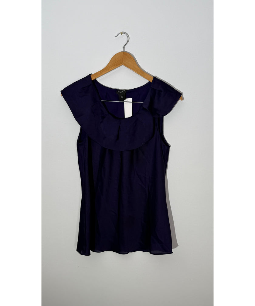 Ann Taylor Deep Purple Silk-Look Ruffled Portrait Neckline Sleeveless Blouse Petite, Size 10P