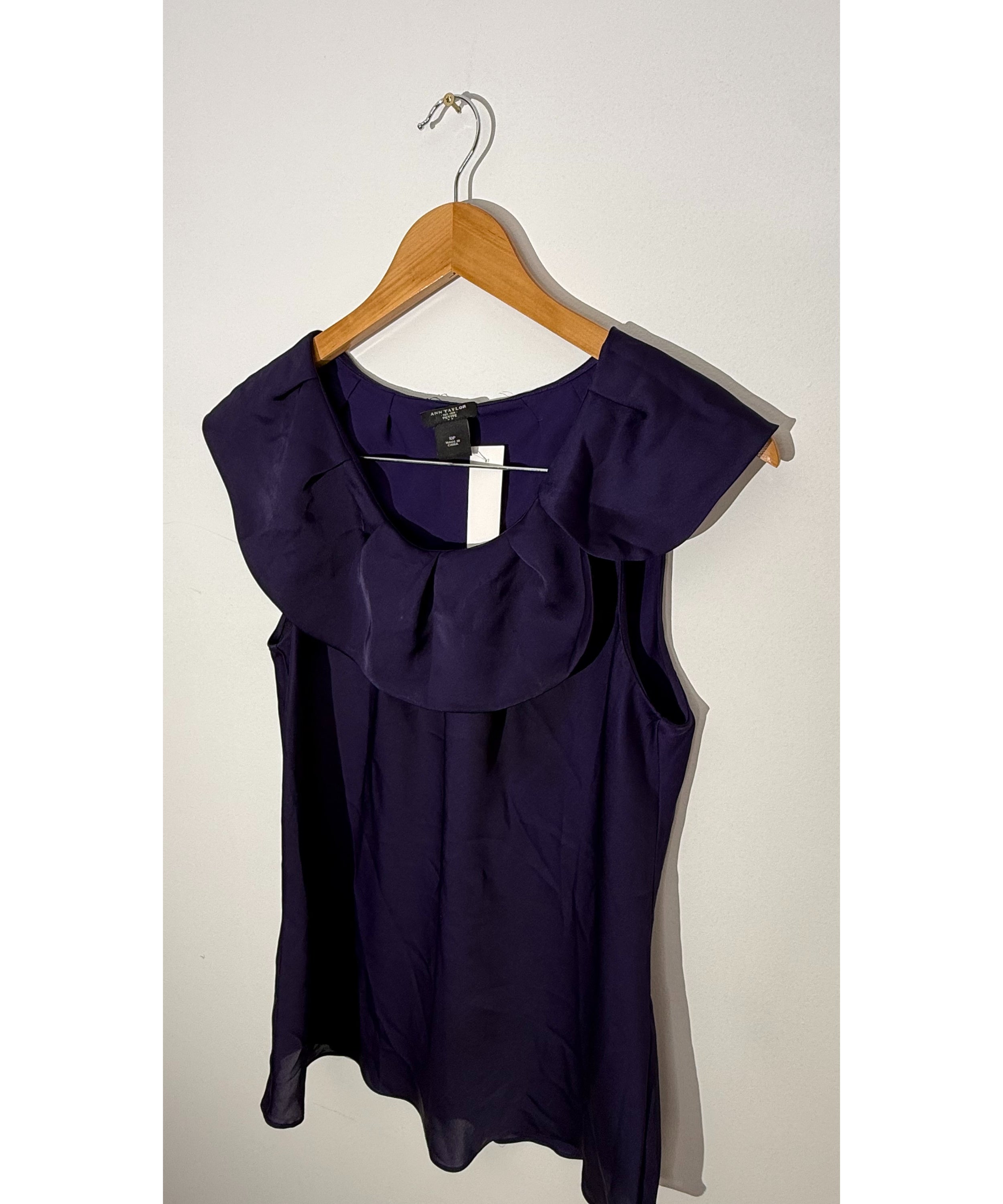 Ann Taylor Deep Purple Silk-Look Ruffled Portrait Neckline Sleeveless Blouse Petite, Size 10P