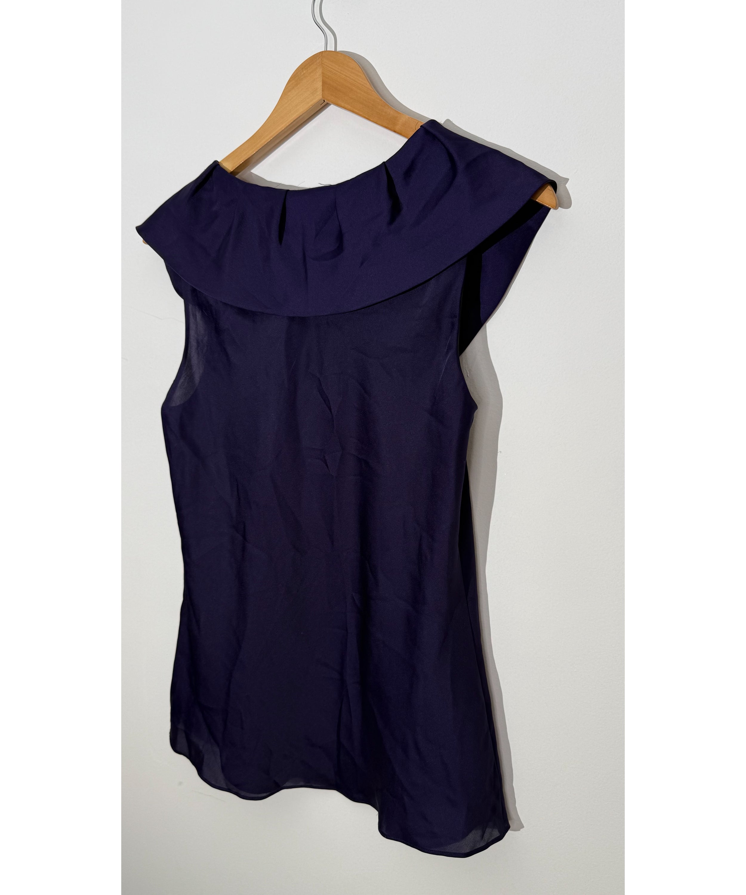 Ann Taylor Deep Purple Silk-Look Ruffled Portrait Neckline Sleeveless Blouse Petite, Size 10P