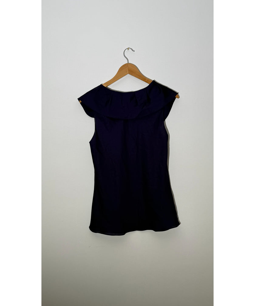 Ann Taylor Deep Purple Silk-Look Ruffled Portrait Neckline Sleeveless Blouse Petite, Size 10P