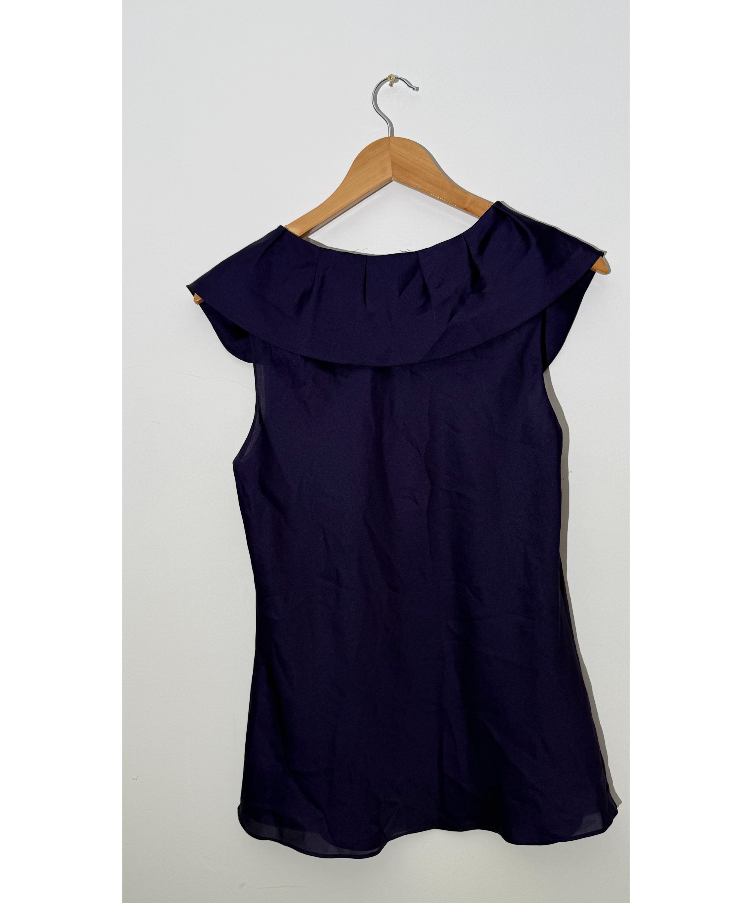 Ann Taylor Deep Purple Silk-Look Ruffled Portrait Neckline Sleeveless Blouse Petite, Size 10P