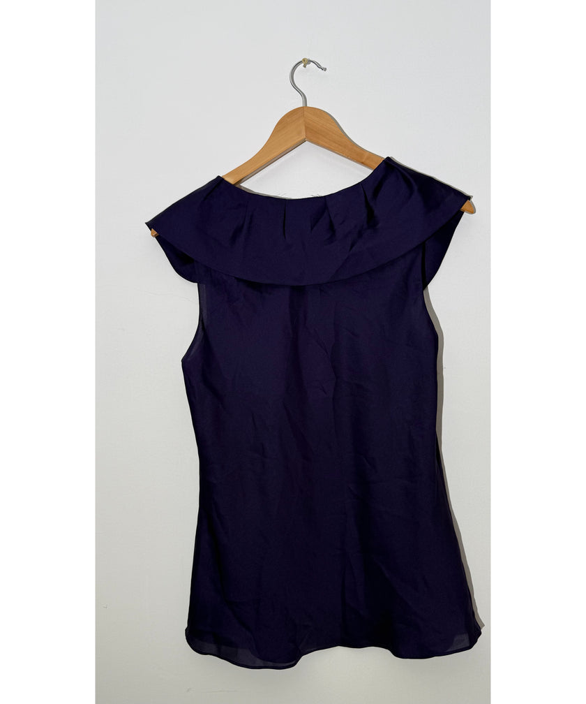 Ann Taylor Deep Purple Silk-Look Ruffled Portrait Neckline Sleeveless Blouse Petite, Size 10P