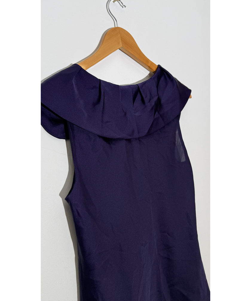 Ann Taylor Deep Purple Silk-Look Ruffled Portrait Neckline Sleeveless Blouse Petite, Size 10P