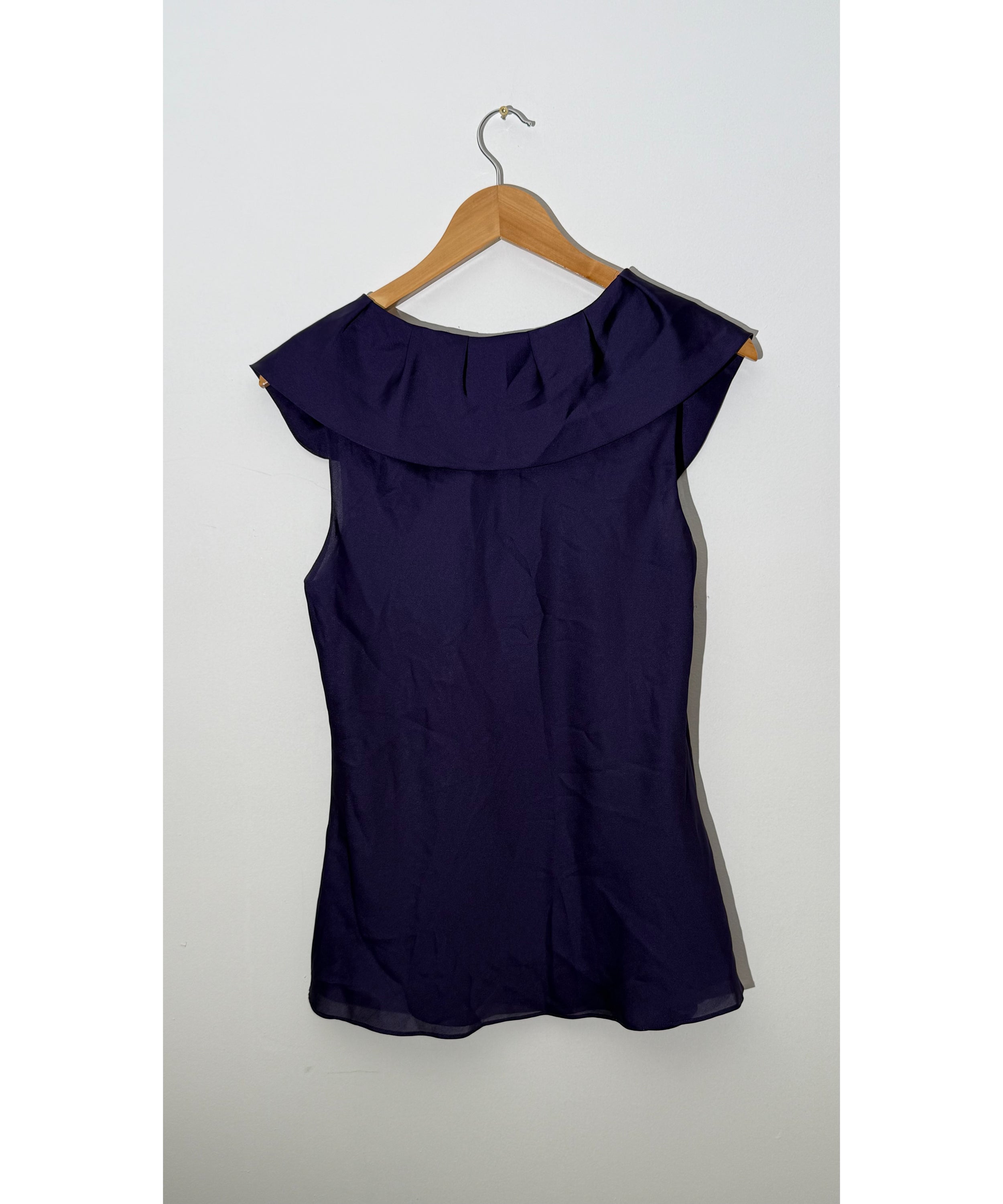 Ann Taylor Deep Purple Ruffled Portrait Neckline Sleeveless Blouse, Size 10P