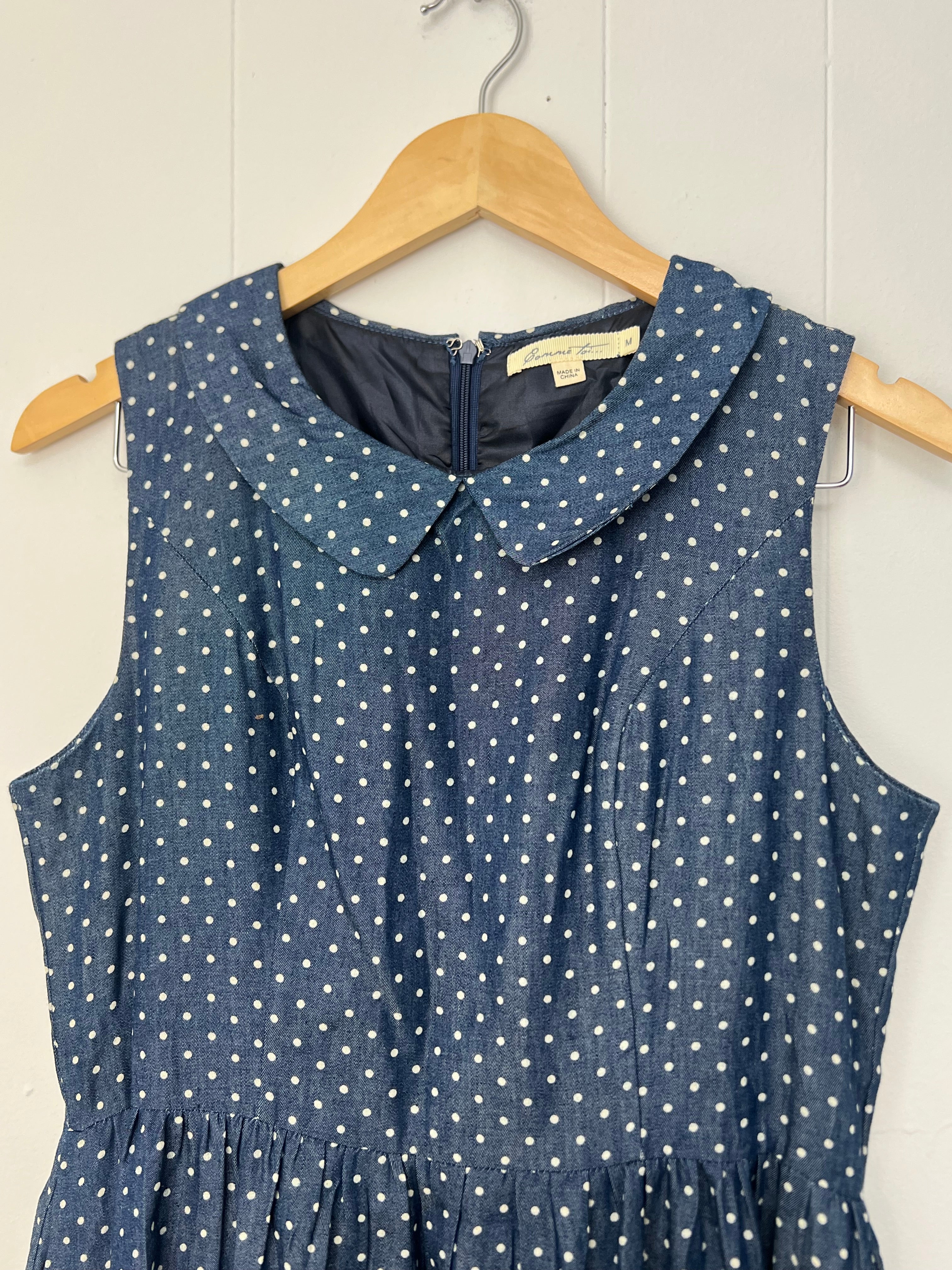 Comme Toi Blue and White Polka Dots A-Line Midi Dress Size Medium