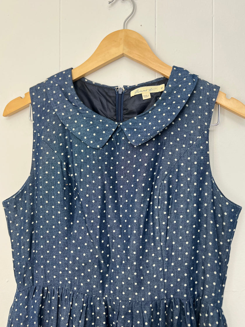 Comme Toi Blue and White Polka Dots A-Line Midi Dress Size Medium