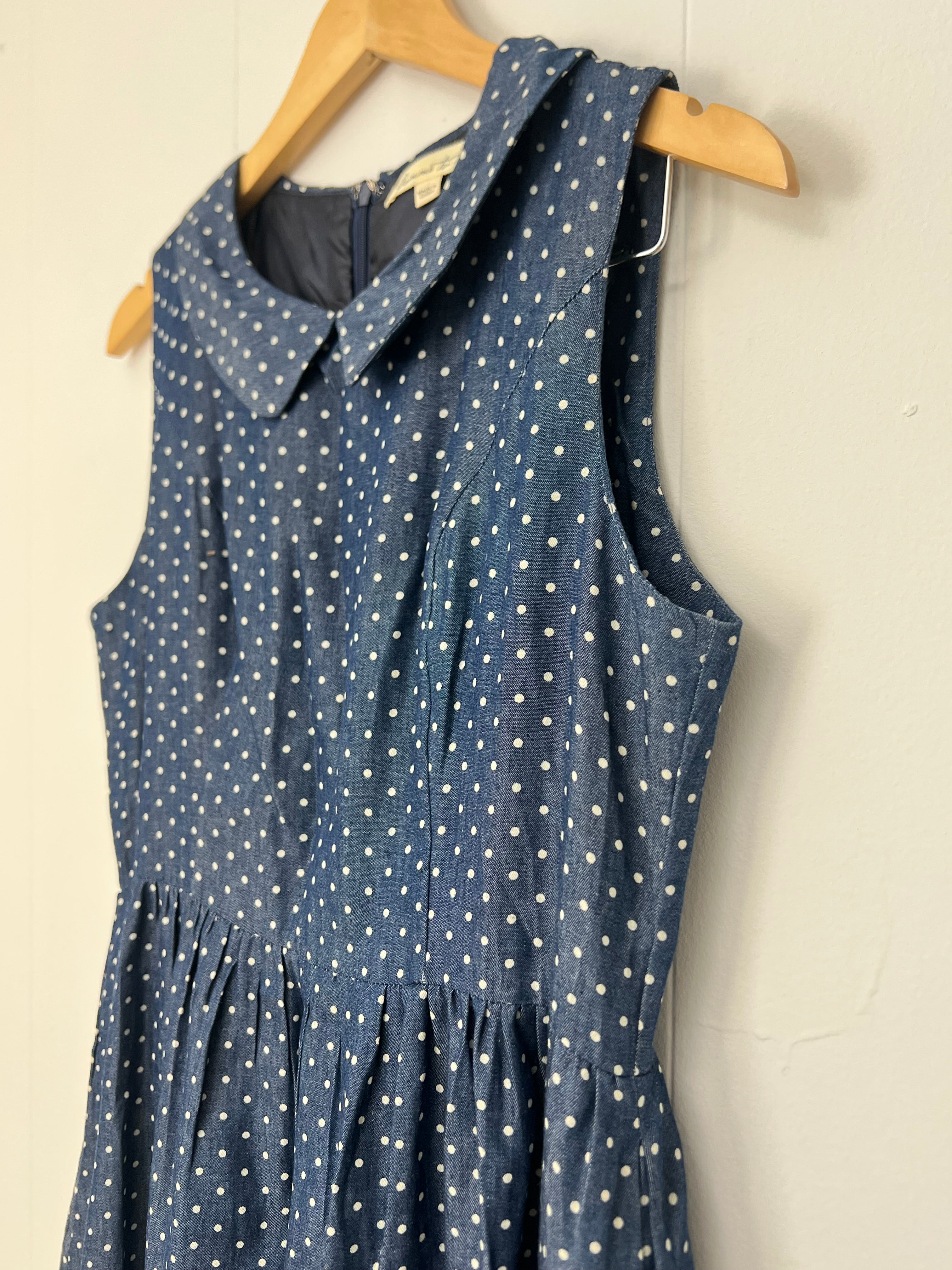 Comme Toi Blue and White Polka Dots A-Line Midi Dress Size Medium