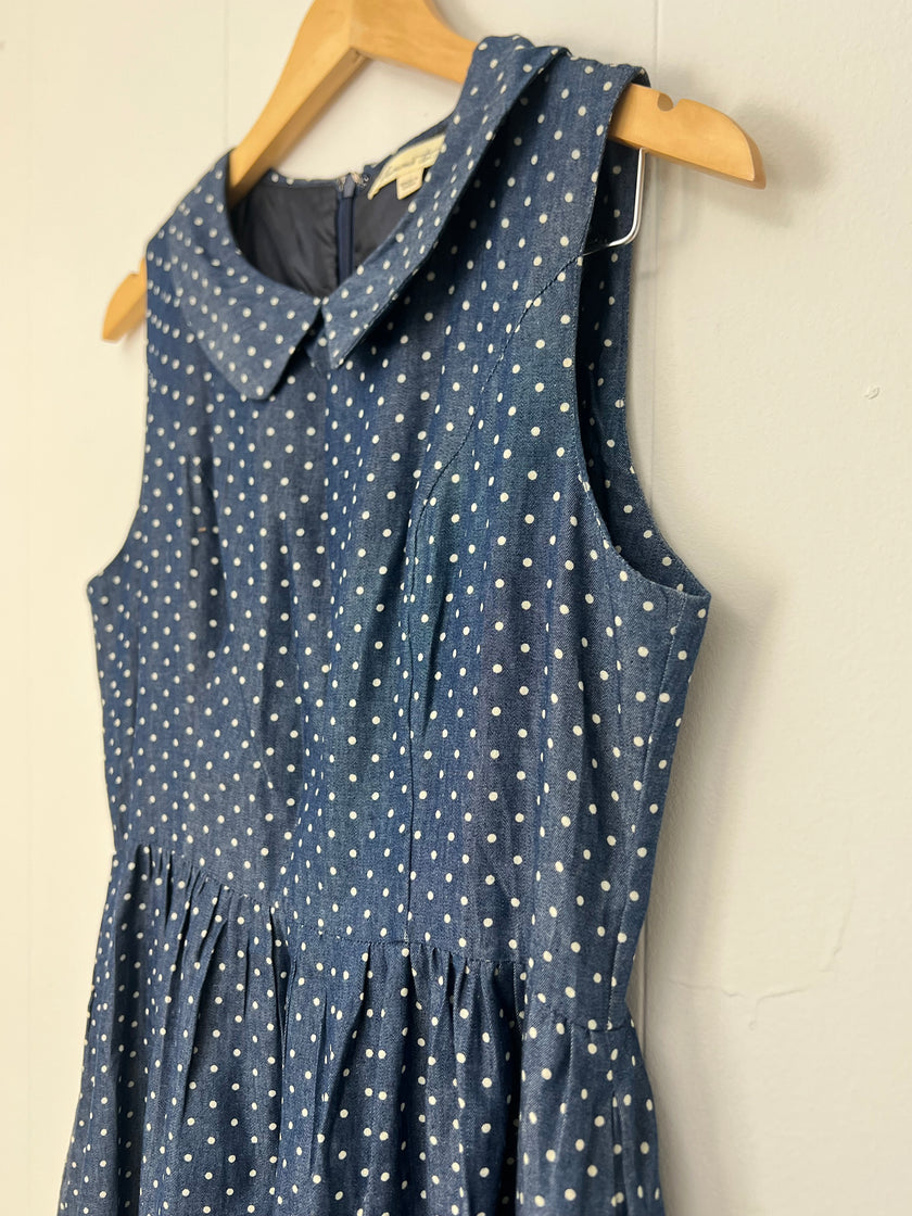 Comme Toi Blue and White Polka Dots A-Line Midi Dress Size Medium