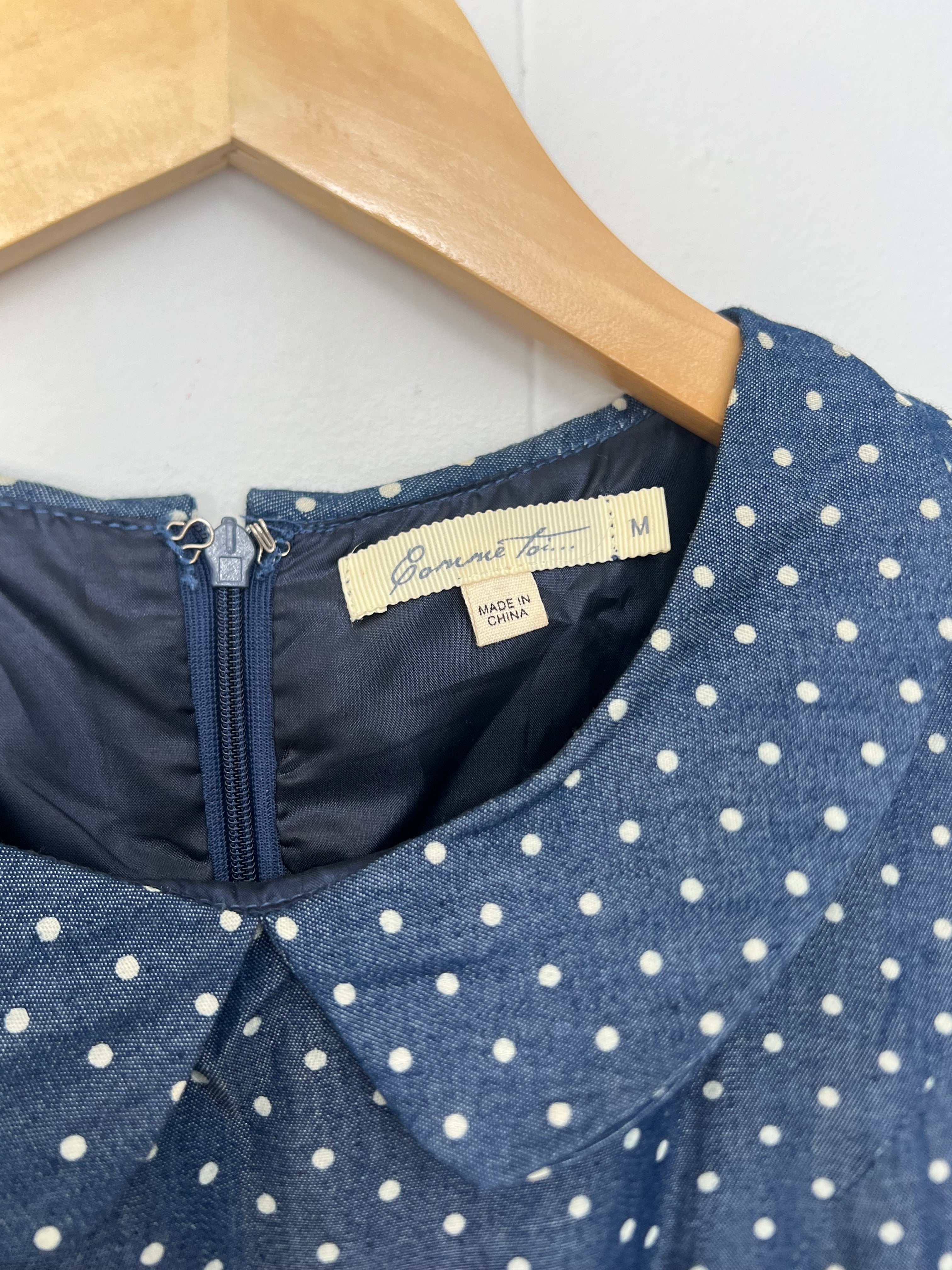 Comme Toi Blue and White Polka Dots A-Line Midi Dress Size Medium