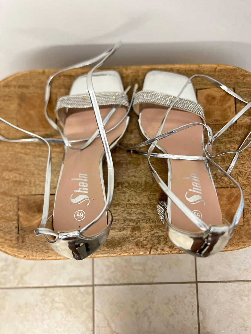 SHEIN Silver Rhinestone Tie Heels Size 6.5