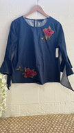 Mine Navy & White Embroidered Floral Pinstripe Top with Bell Sleeves and Tie Cuffs Size Large