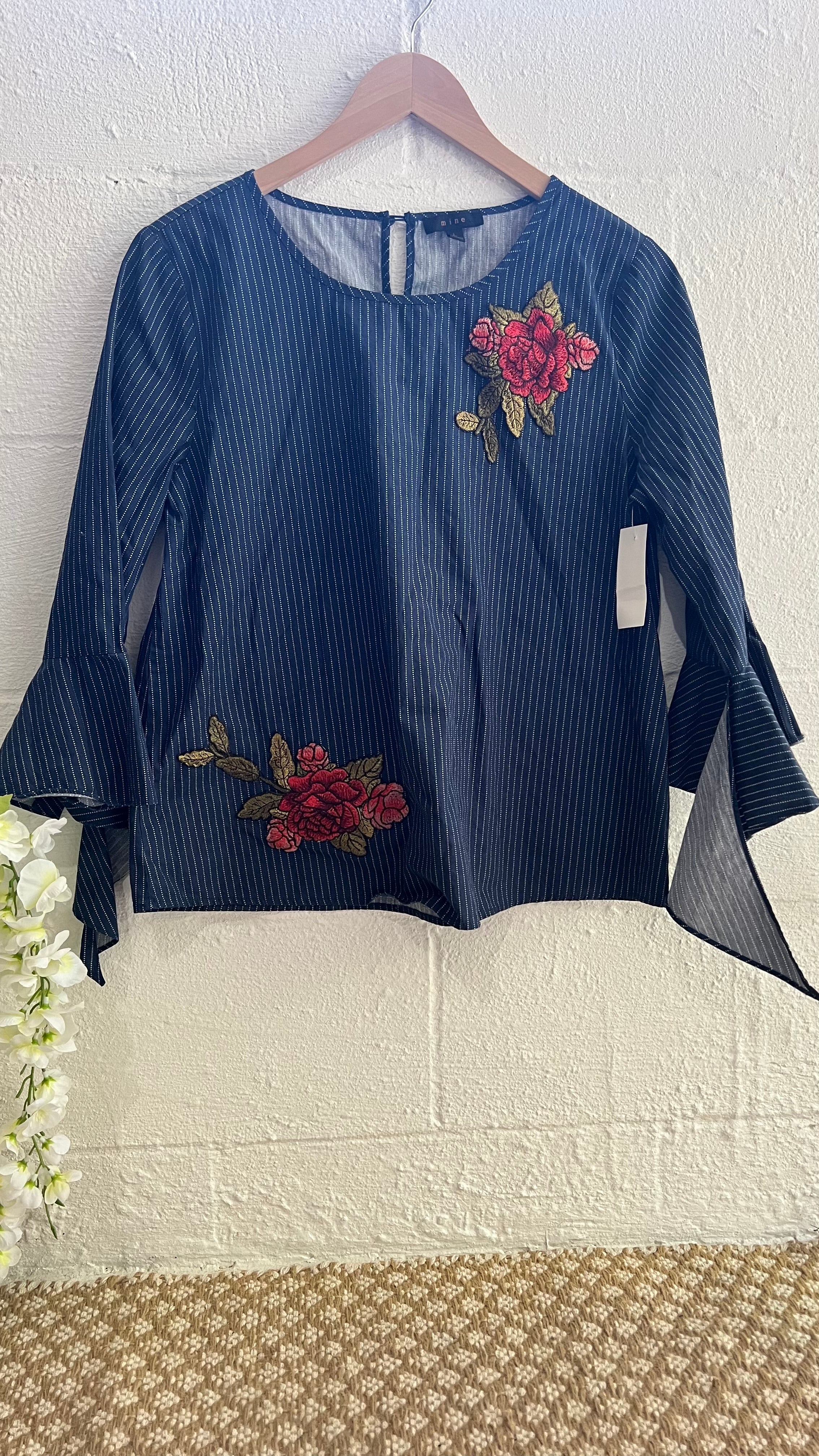 Mine Navy & White Embroidered Floral Pinstripe Top with Bell Sleeves and Tie Cuffs Size Large
