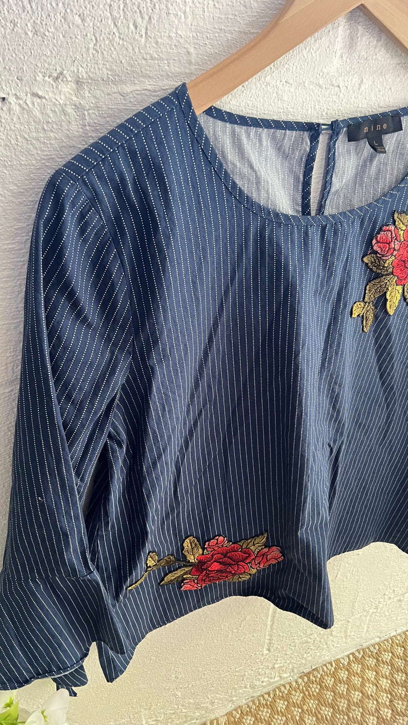 Mine Navy & White Embroidered Floral Pinstripe Top with Bell Sleeves and Tie Cuffs Size Large