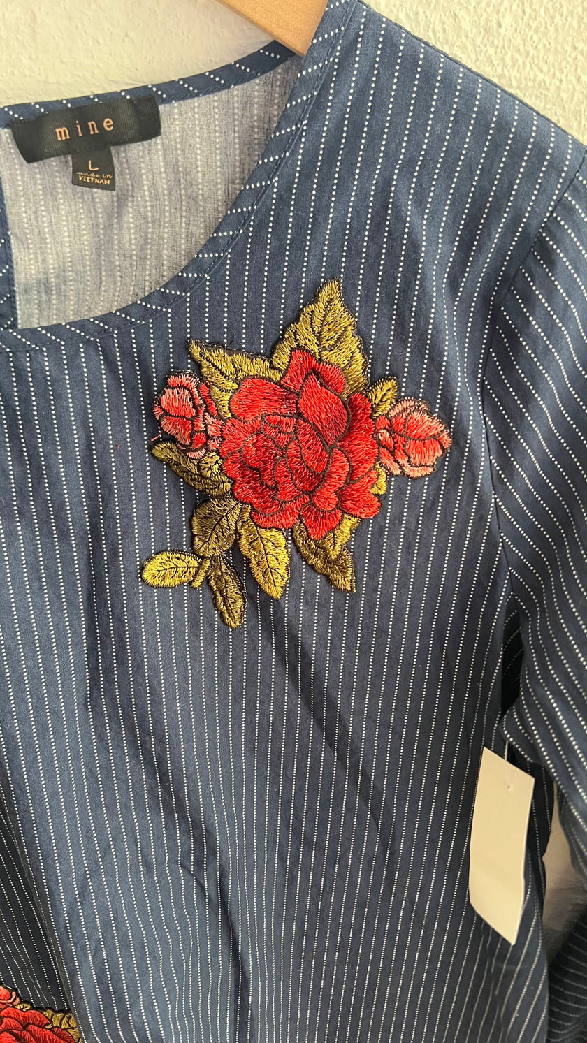 Mine Navy & White Embroidered Floral Pinstripe Top with Bell Sleeves and Tie Cuffs Size Large