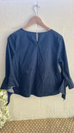 Mine Navy & White Embroidered Floral Pinstripe Top with Bell Sleeves and Tie Cuffs Size Large