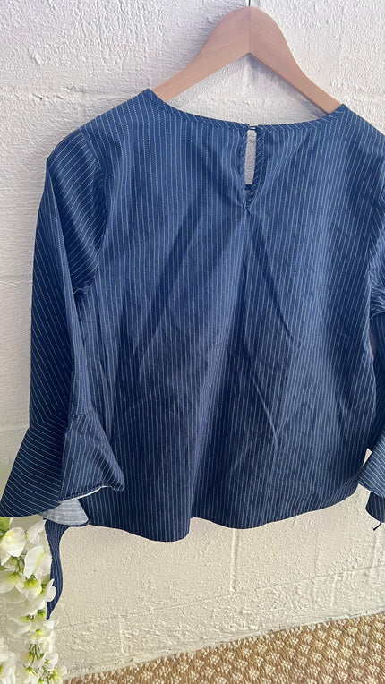 Mine Navy & White Embroidered Floral Pinstripe Top with Bell Sleeves and Tie Cuffs Size Large