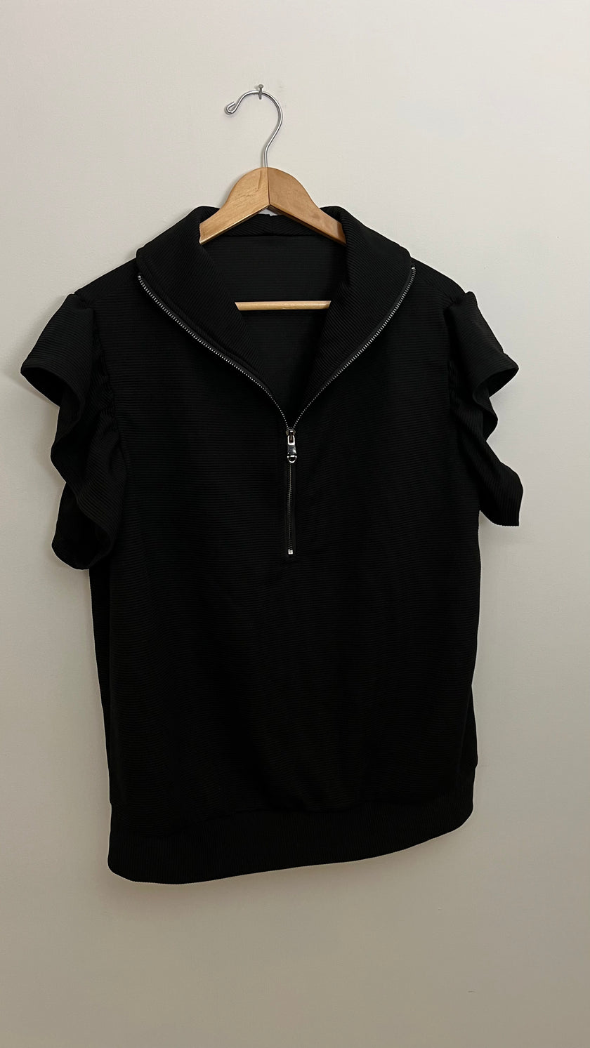 Black Ribbed Half Zip Top with Ruffle Sleeves Size XL