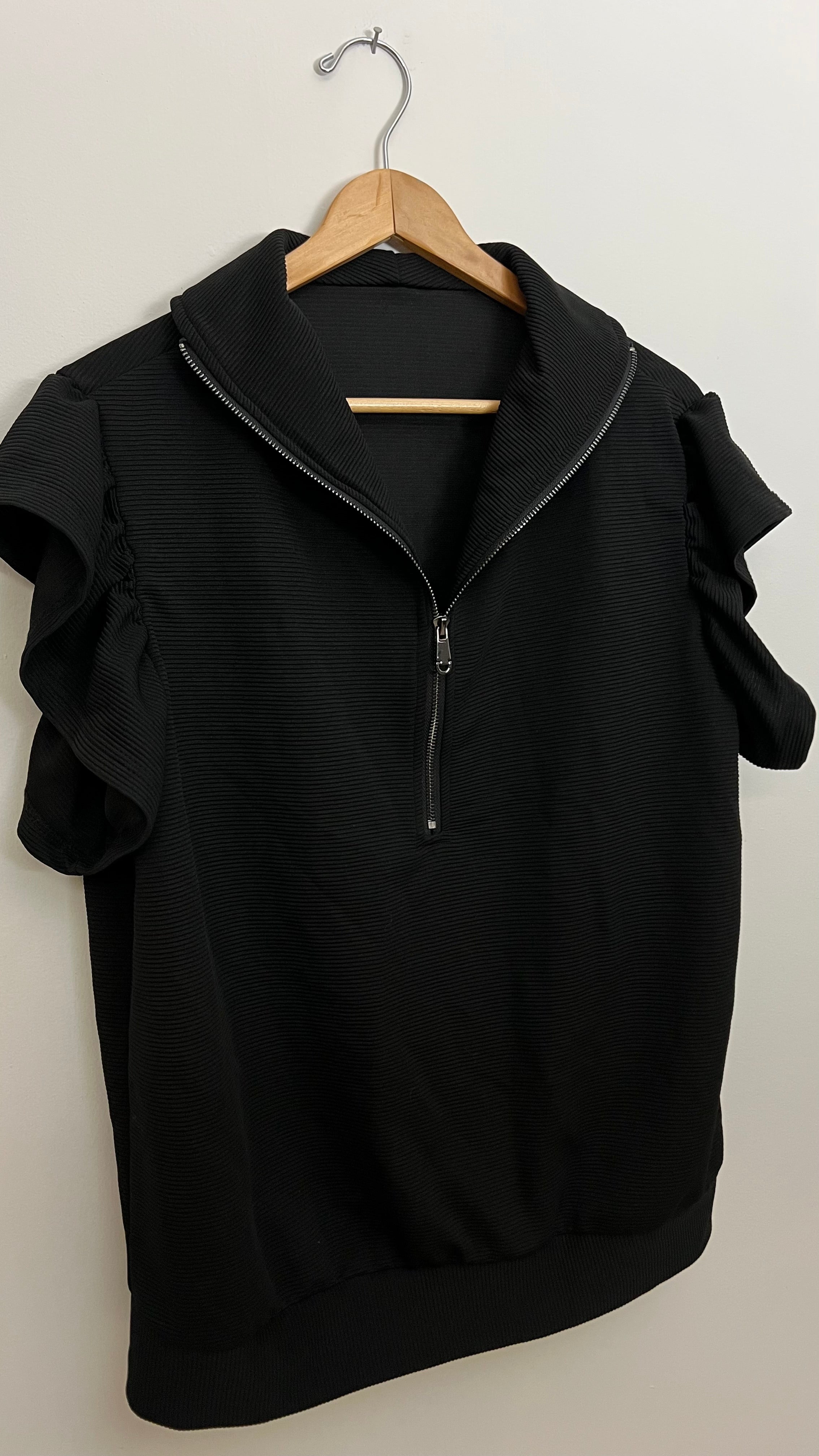 Black Ribbed Half Zip Top with Ruffle Sleeves Size XL