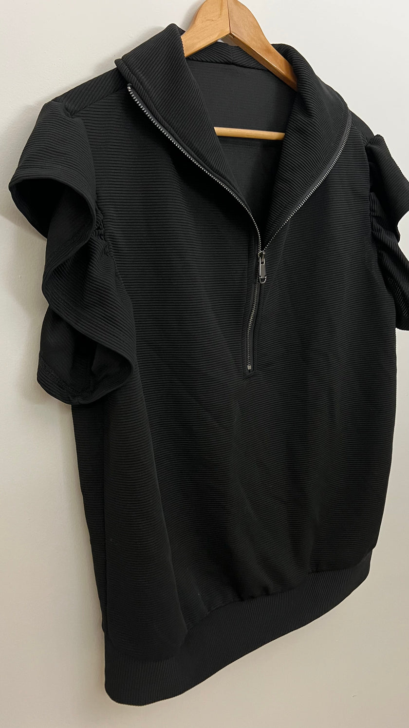 Black Ribbed Half Zip Top with Ruffle Sleeves Size XL