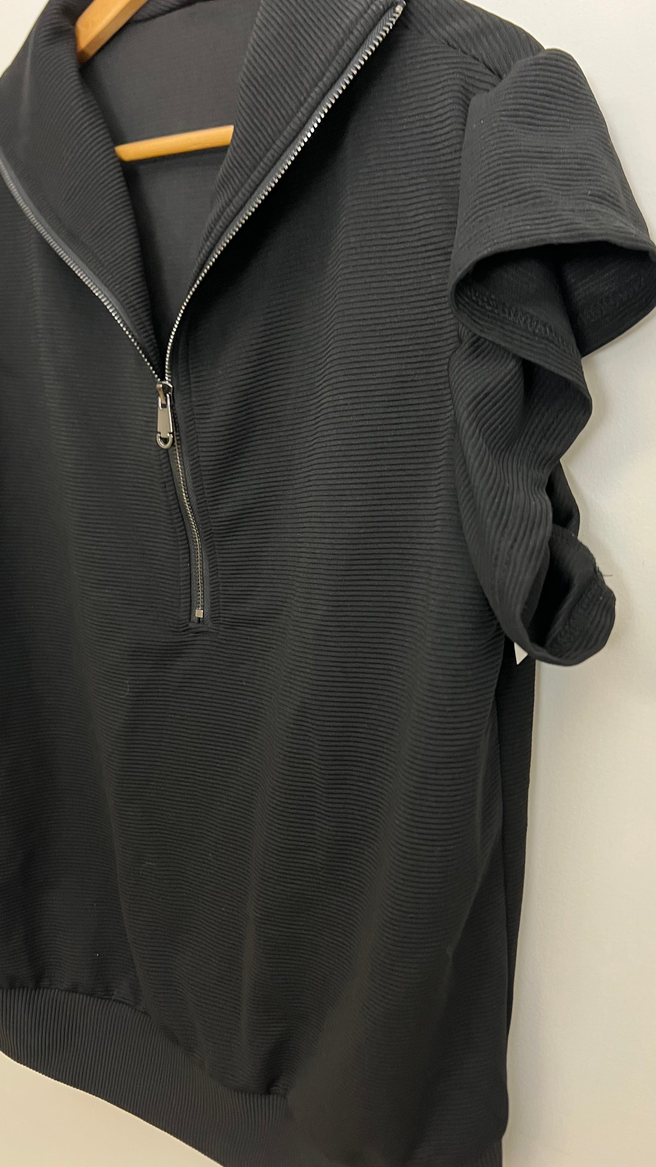 Black Ribbed Half Zip Top with Ruffle Sleeves Size XL