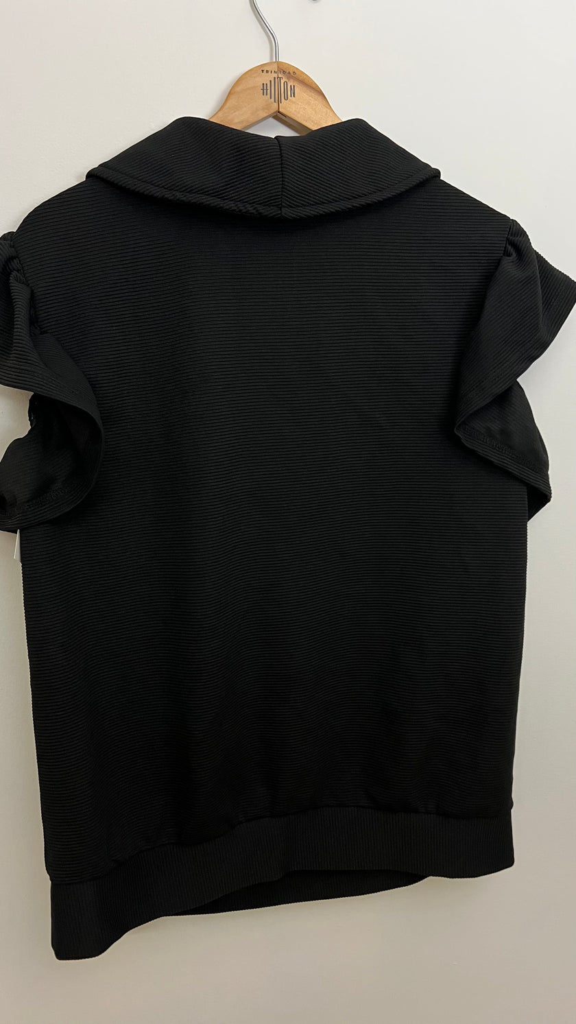 Black Ribbed Half Zip Top with Ruffle Sleeves Size XL
