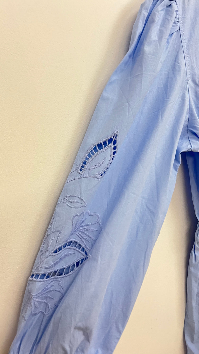 Free Assembly Light Blue Embroidered Long Sleeve Mini Dress Size Large