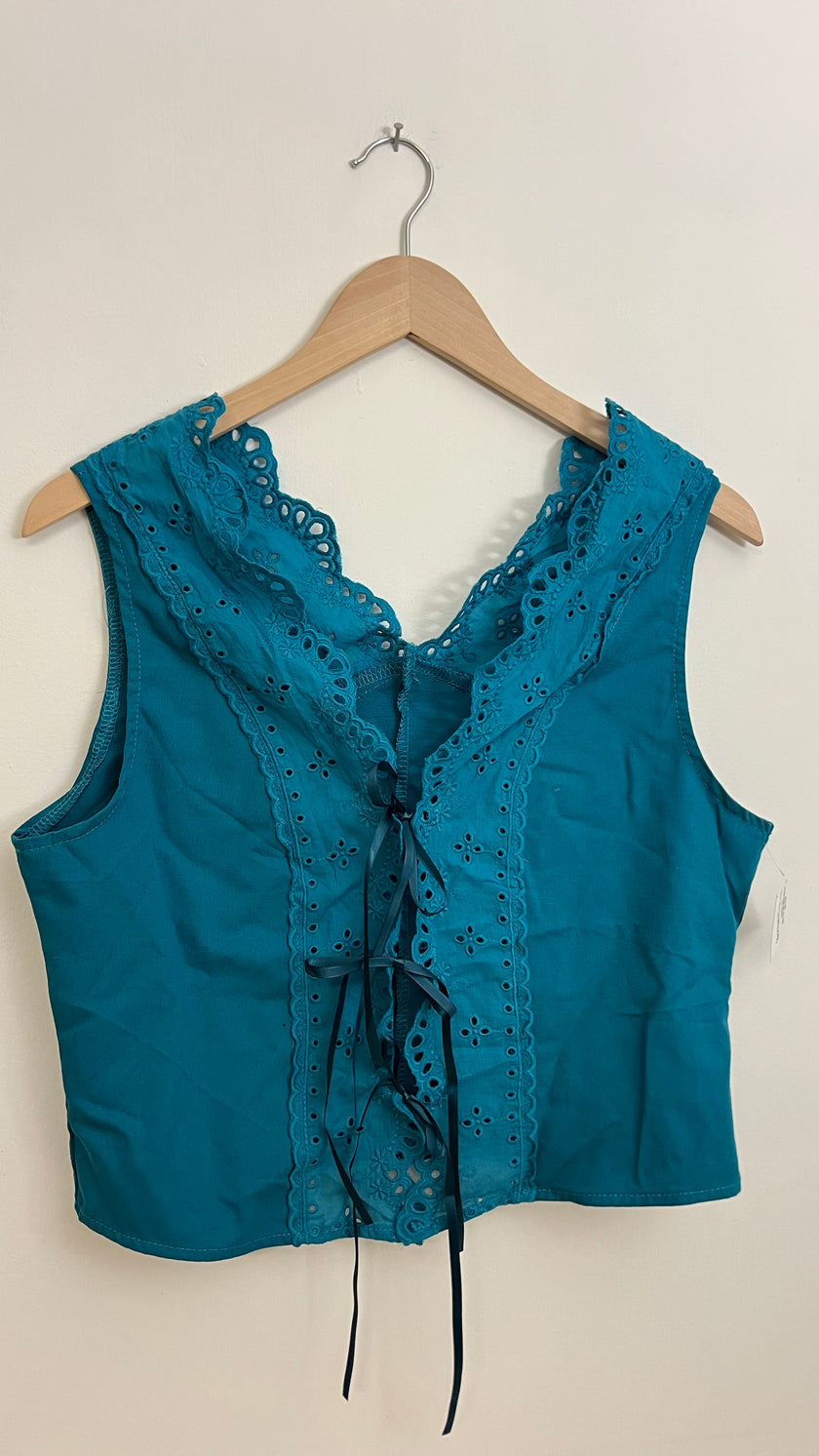 Teal Tie Front Tank Top With Eyelet Details Size Large