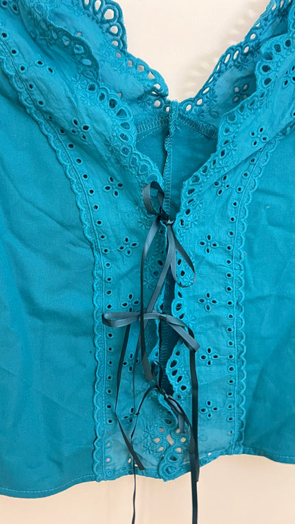 Teal Tie Front Tank Top With Eyelet Details Size Large