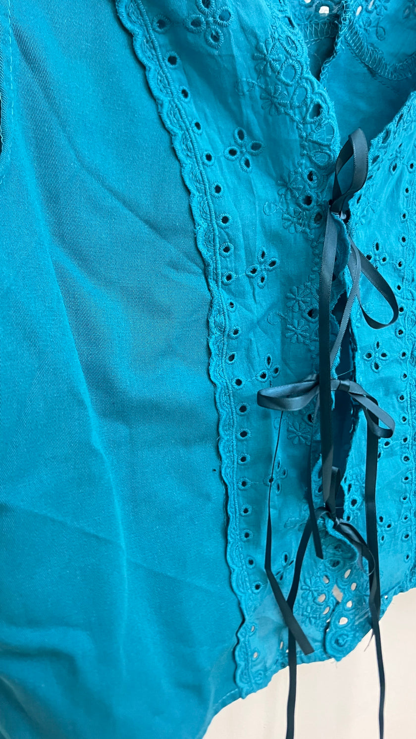 Teal Tie Front Tank Top With Eyelet Details Size Large