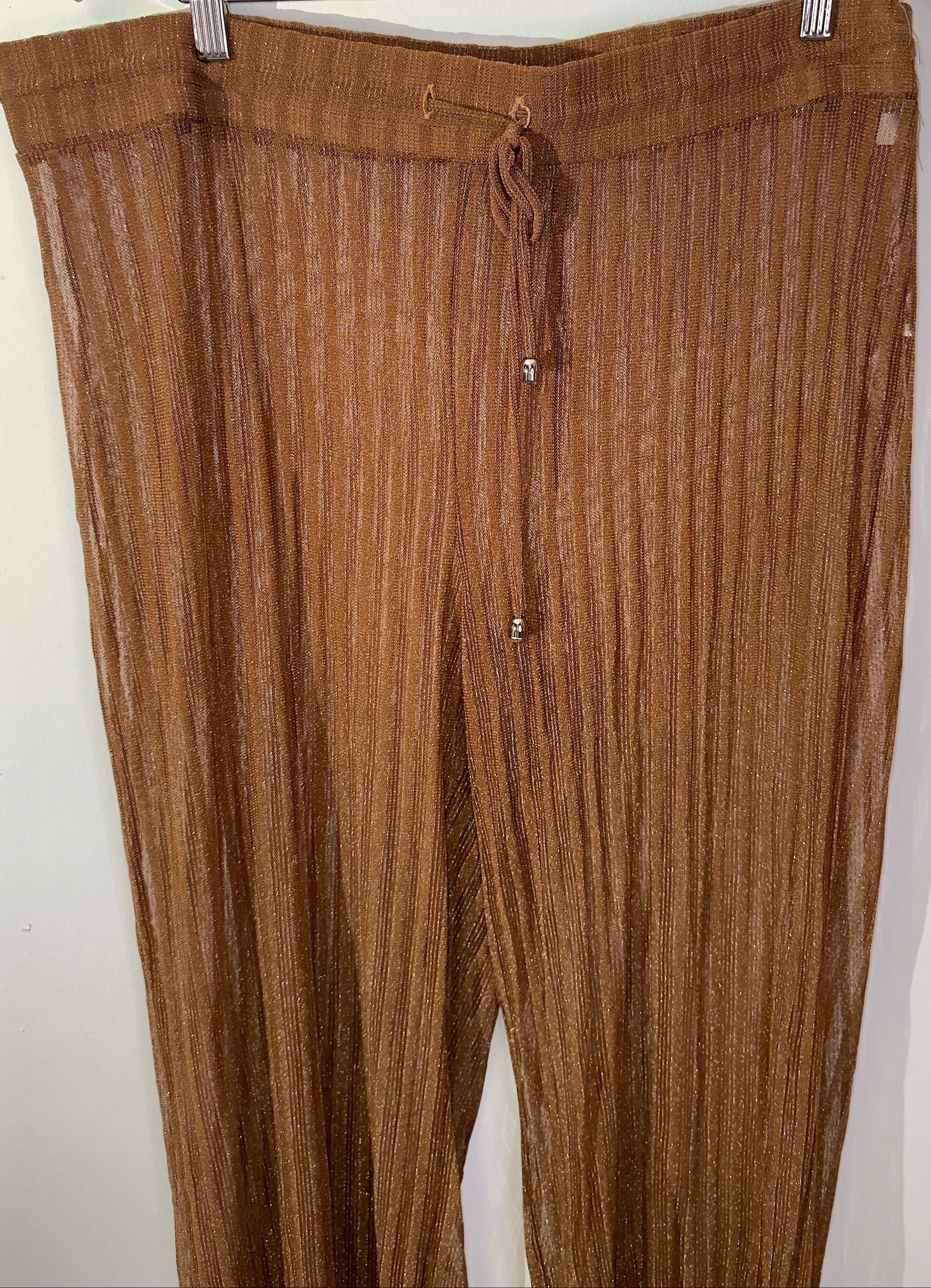 Bronze Shimmer Sheer Metallic Pleated Wide Leg Drawstring Pants Size 2X