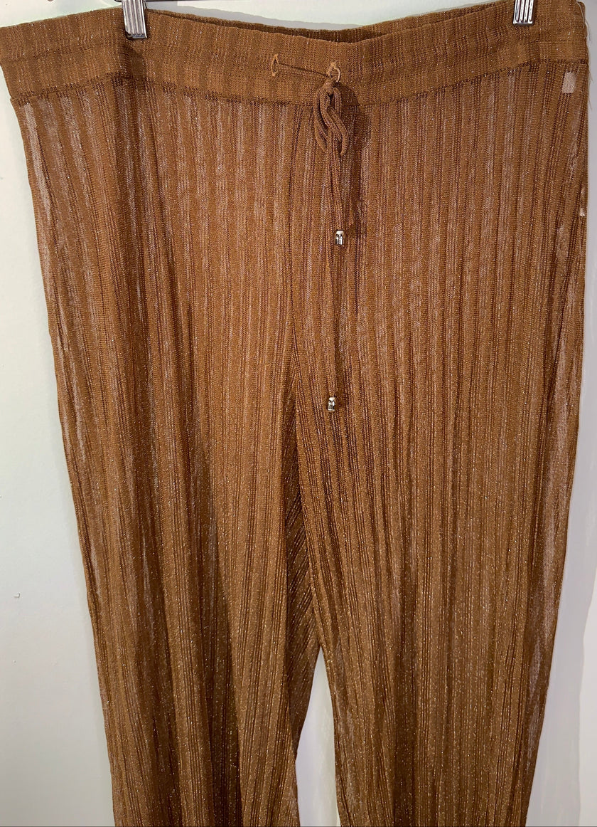 Bronze Shimmer Sheer Metallic Pleated Wide Leg Drawstring Pants Size 2X