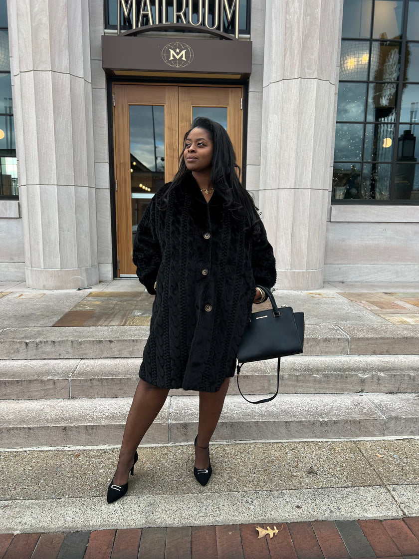 Black Embossed Single Breasted Fur Coat